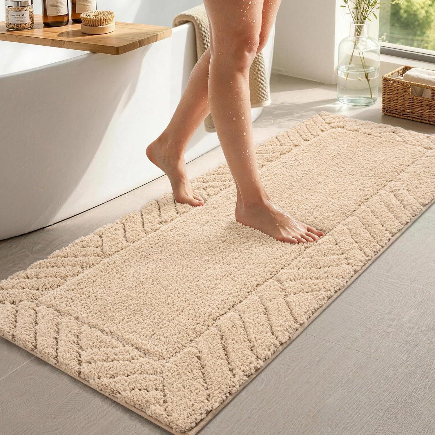 48x17 Long Bathroom Runner Rugs Beige, Non Slip Washable Bath Rugs | Absorbent Quick Dry Washable Bath Mat for Bathroom Floor, Soft Shower Rug Kitchen Rugs with Anti-Slip Backing, Home Decor