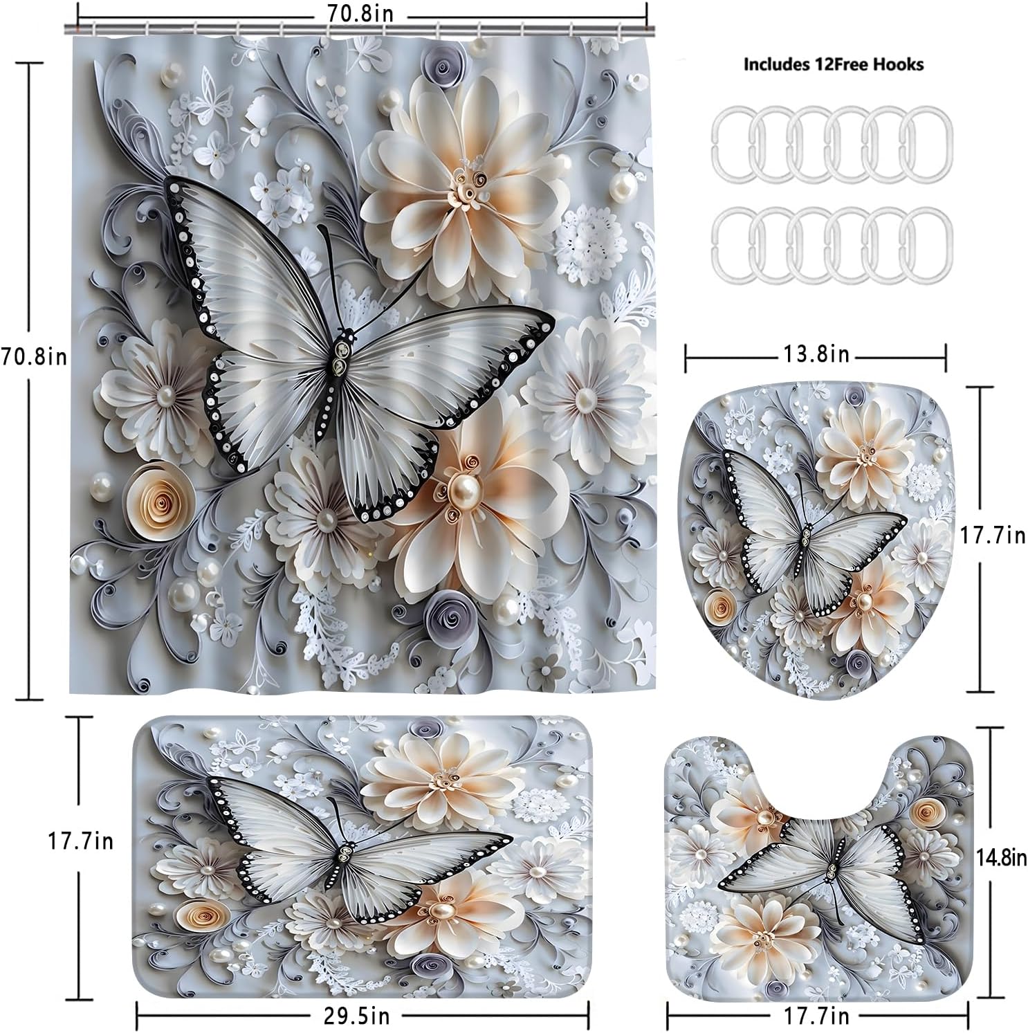 DDQQ 4Pcs Shower Curtain Sets, Blue White Butterfly Bathroom Curtains Shower Set, Bathroom Decor Sets, Shower Curtain for Bathroom with Rugs, Toilet Lid Cover, Bath Mat and 12 Hooks, 71 x 71 Inches