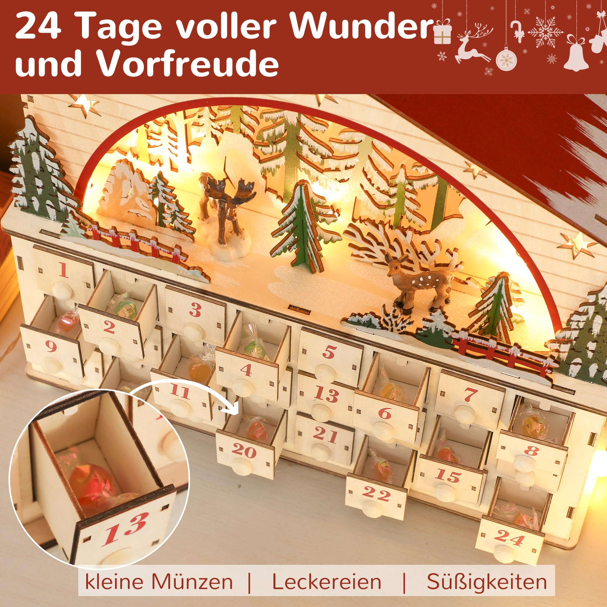 HOMCOM Adventskalender zum Befüllen 24 Schubladen Naturholz 36 x 10 x 34 cm | Fächer, Weihnachtskalender, mit LED-Lichtern, Weihnachtsdekoration, Adventskalenderbox, DIY