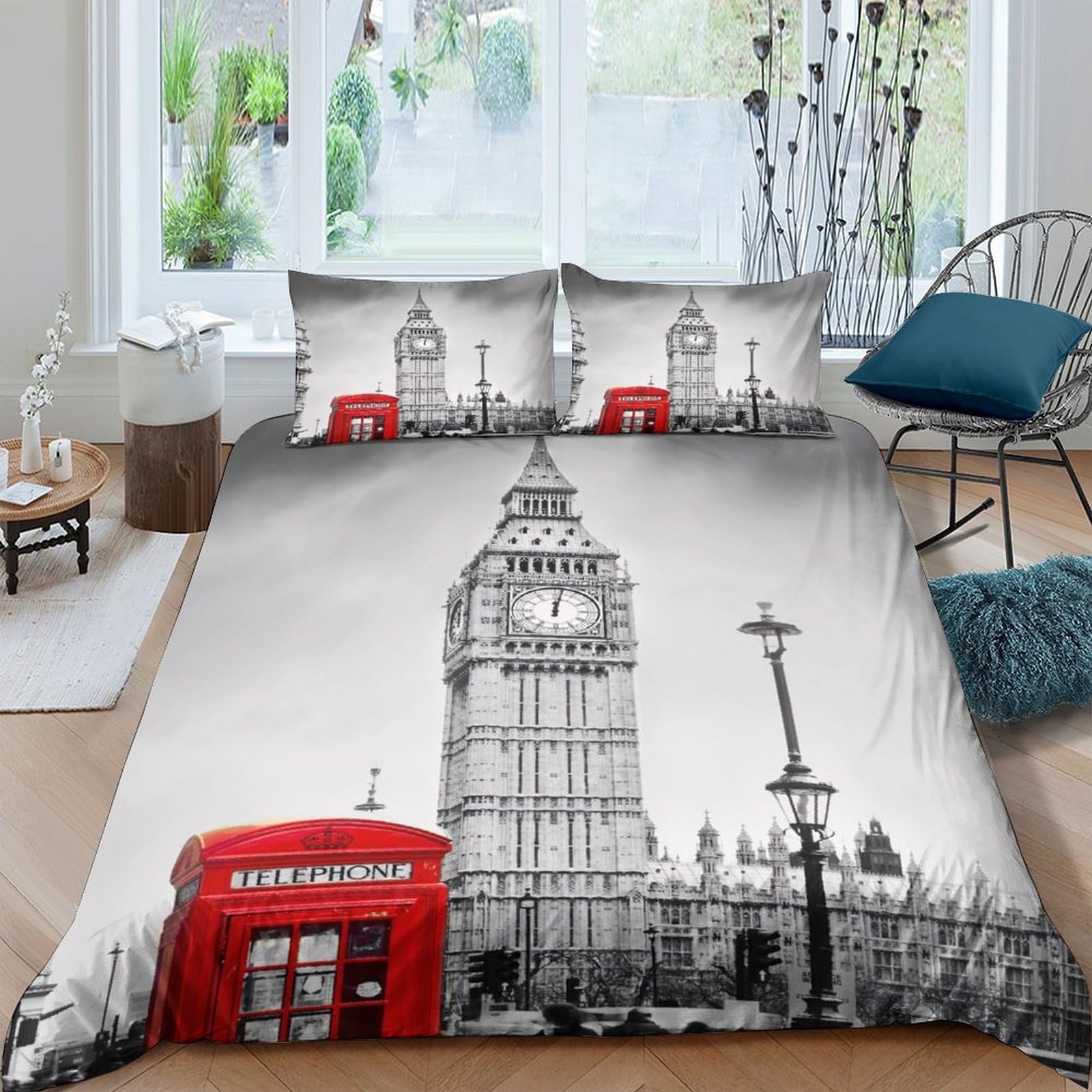 Ctjqhvkz Style-1 3D Printed London Big Ben Fitted Sheet Microfiber Red Telephone Box Bed Cover For Bedroom Guest Room Home Decor Single（135X200cm）