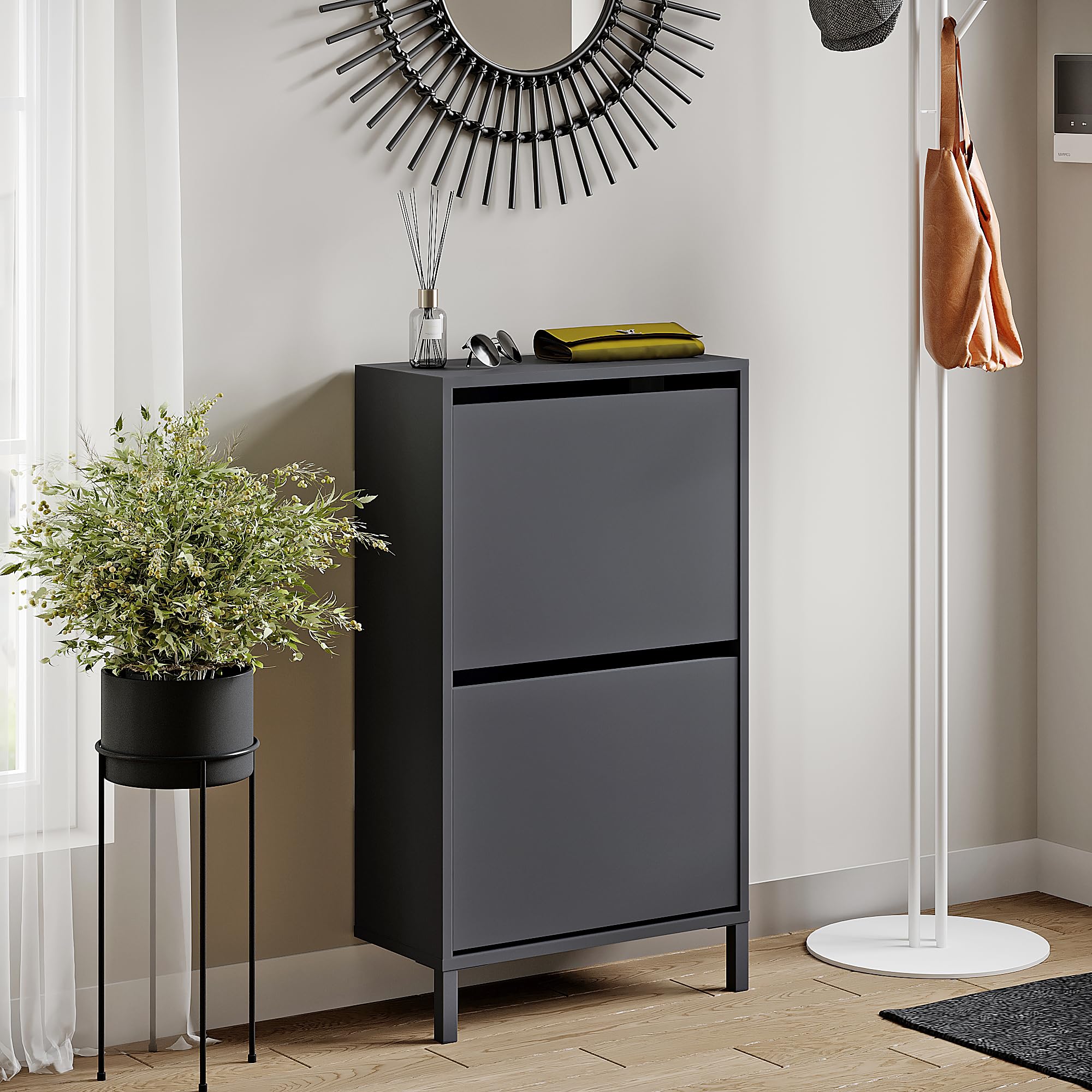 KOMTO Szafka Na Buty Antracyt Wąska – Szafka Uchylna Na Obuwie Z 2 Klapami, Komoda Na Buty, Organizer Do Przedpokoju| Trek 55 X 25 X 96 Cm