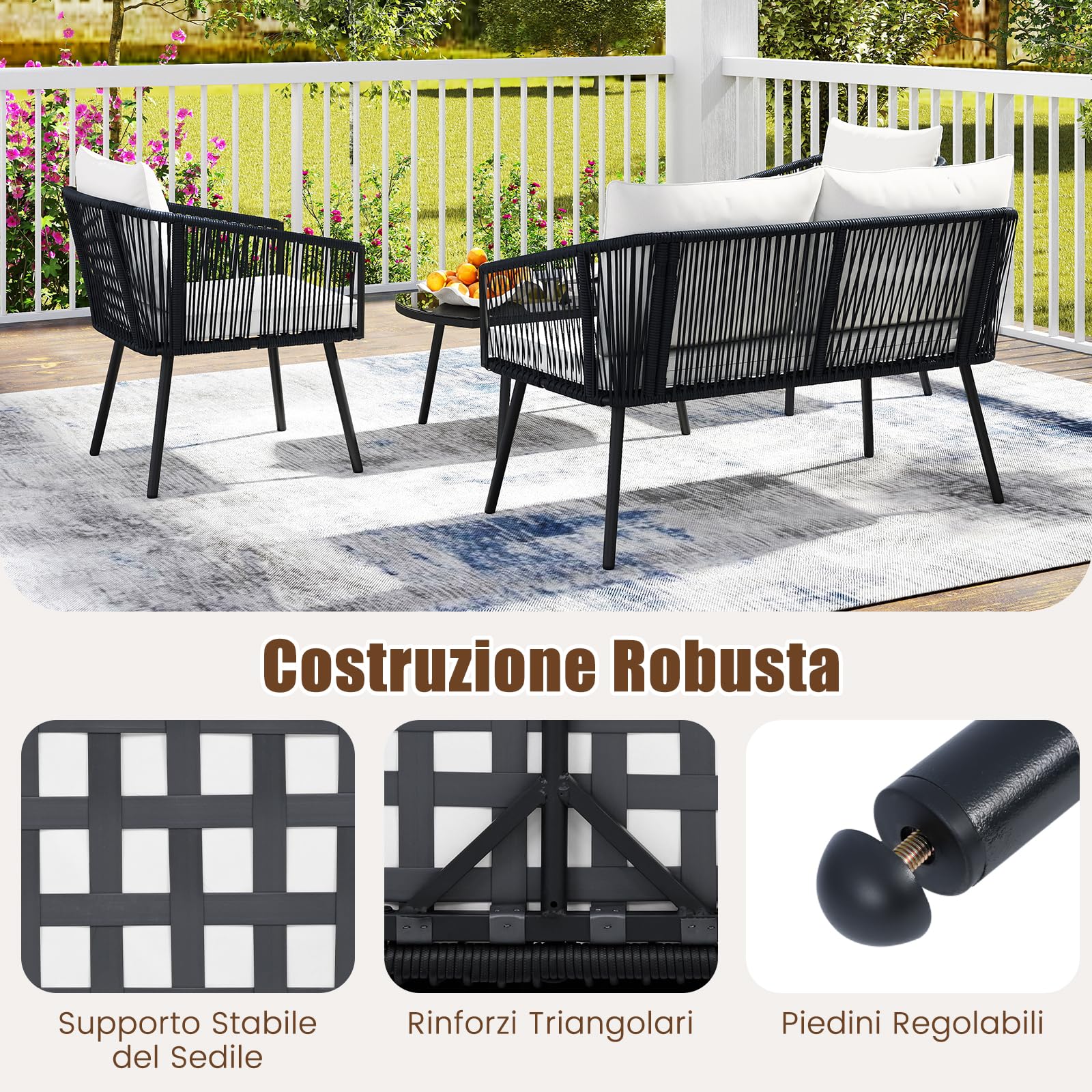 COSTWAY Set di 4 Pezzi in Corda PE da Giardino, Set Bistrò con Divano, Tavolino in Vetro Temperato, 2 Poltrone e Cuscini, Mobili da Giardino da Esterno per Cortile e Piscina