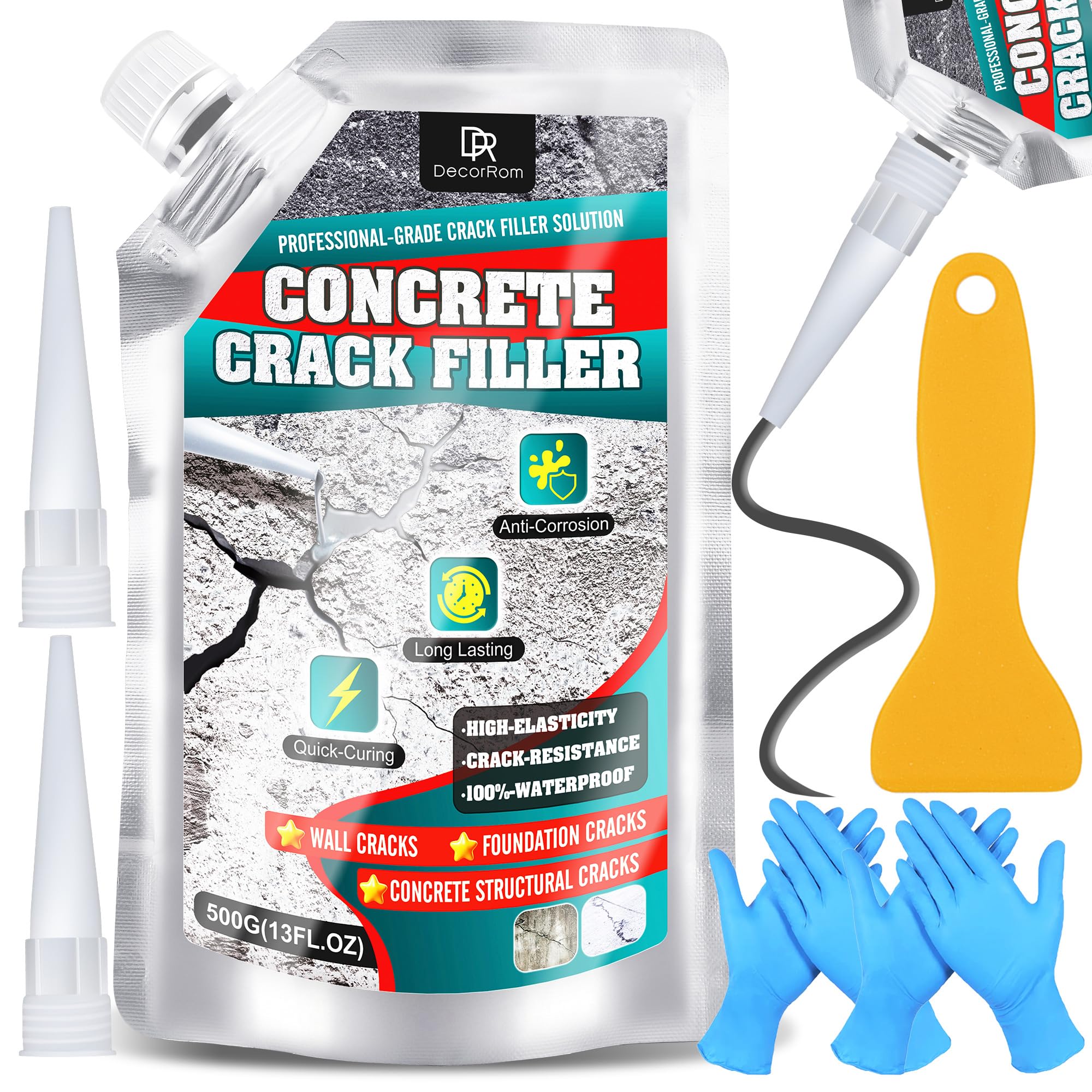 Concrete Crack Filler, 500g Elasticity Self-Leveling Cement Crack Filler, Magic Crack Filler for Concrete Driveway, Walkway, Patio, Tile, Joints – Waterproof, Crack Resistant & Quick Curing, Grey