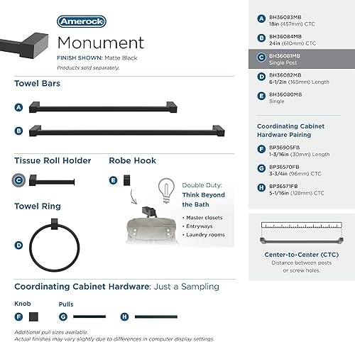 Miniatura 4 de Amerock BH36081MB  Soporte de papel higiénico de poste único negro mate  Soporte de papel higiénico de 5-78 pulg. (149 mm) de longitud  Monumento