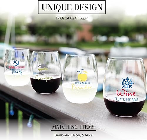 Miniatura 4 de Pavilion Gift Company - Wine Floats My Boat - Copa de vino sin tallo de 14 onzas Tritan Cup Yelm Boater Boating Beach Seaside Waterfront Ocean