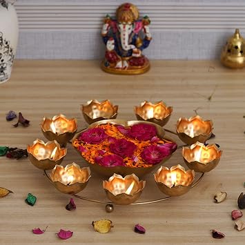 Webelkart Premium 9 Lotus Diya Shaped Urli Bowl for Home or Puja Decor | Urli Tealight Candle Holder for Home or Office Decor | Lotus Urli Bowl 12", Gold - Diwali Candle Holder