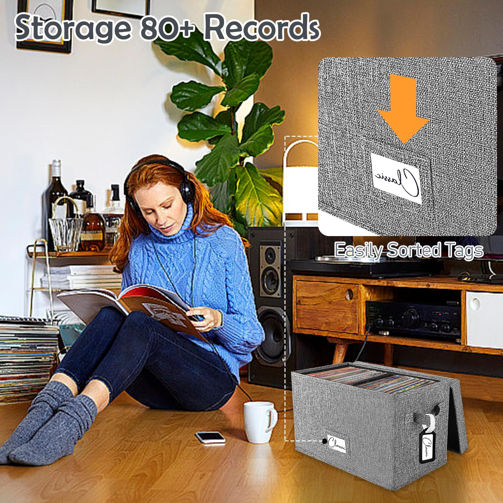 Woodoulogy Vinyl Record Storage Box Set of 2, for 7"/45 RPM LPs, Grey Case with Lid Holds up to 160 Albums - Image 4