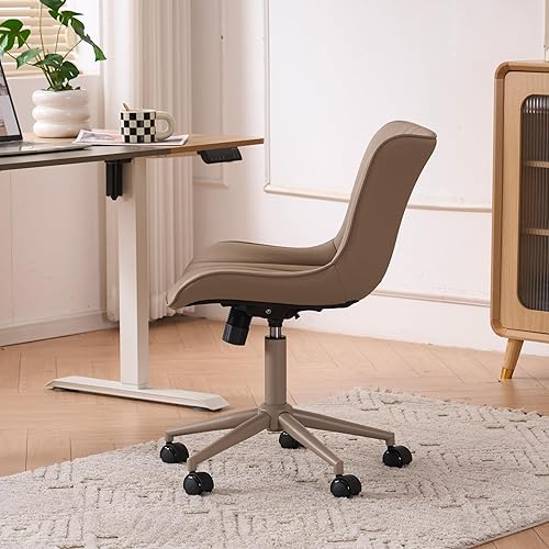 Miniatura 9 de YOUTASTE Silla de oficina color caqui, moderna silla de escritorio sin brazos con respaldo, silla giratoria ajustable de piel sintética con ruedas,