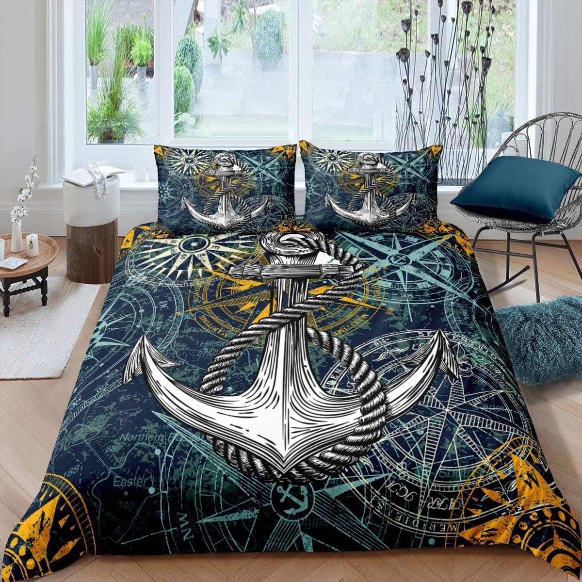 Housse de couette ancre voile 260x230 cm avec 2 taies d'oreiller en microfibre pour lit 2 personnes