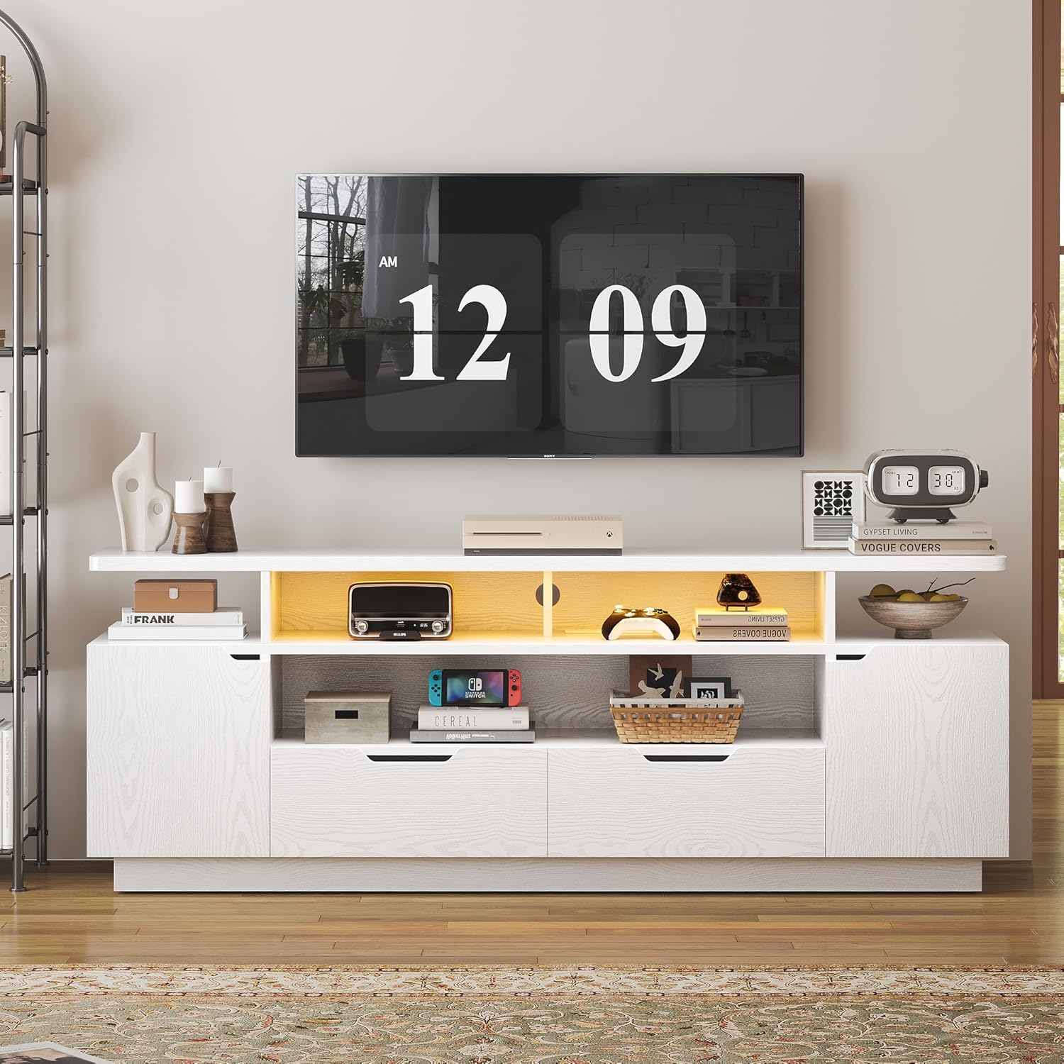 IRONCK TV Stand for TVs 85 inch with Power Outlet and LED Lights, Entertainment Center with Storage Cabinets, Media TV Console with Drawers, Modern TV Stand for Living Room, White - Image 9