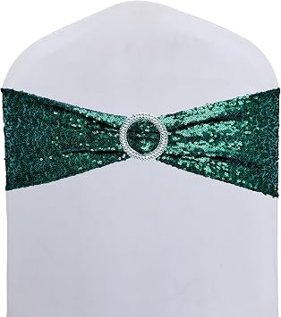 High Elastic Sequin Chair Sashes Bling Bling with Buckle Soft Strecth Material Shining Sequin Chair Bows for Party Decoration Home Dark Green, 50