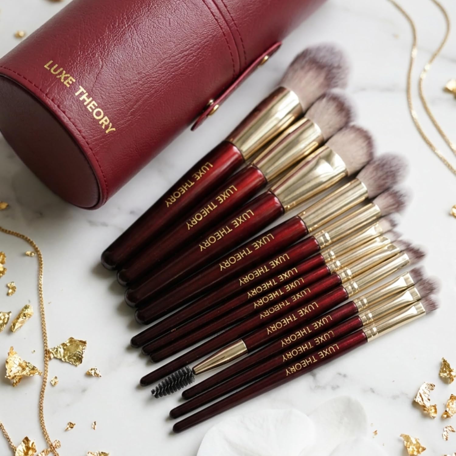 LUXE THEORY 15 Piece Luxury Makeup Brush Set with Holder, Professional Face & Eye Makeup Brushes, Wooden Handles, Ultra Dense Soft Synthetic Bristles, Burgundy & Gold