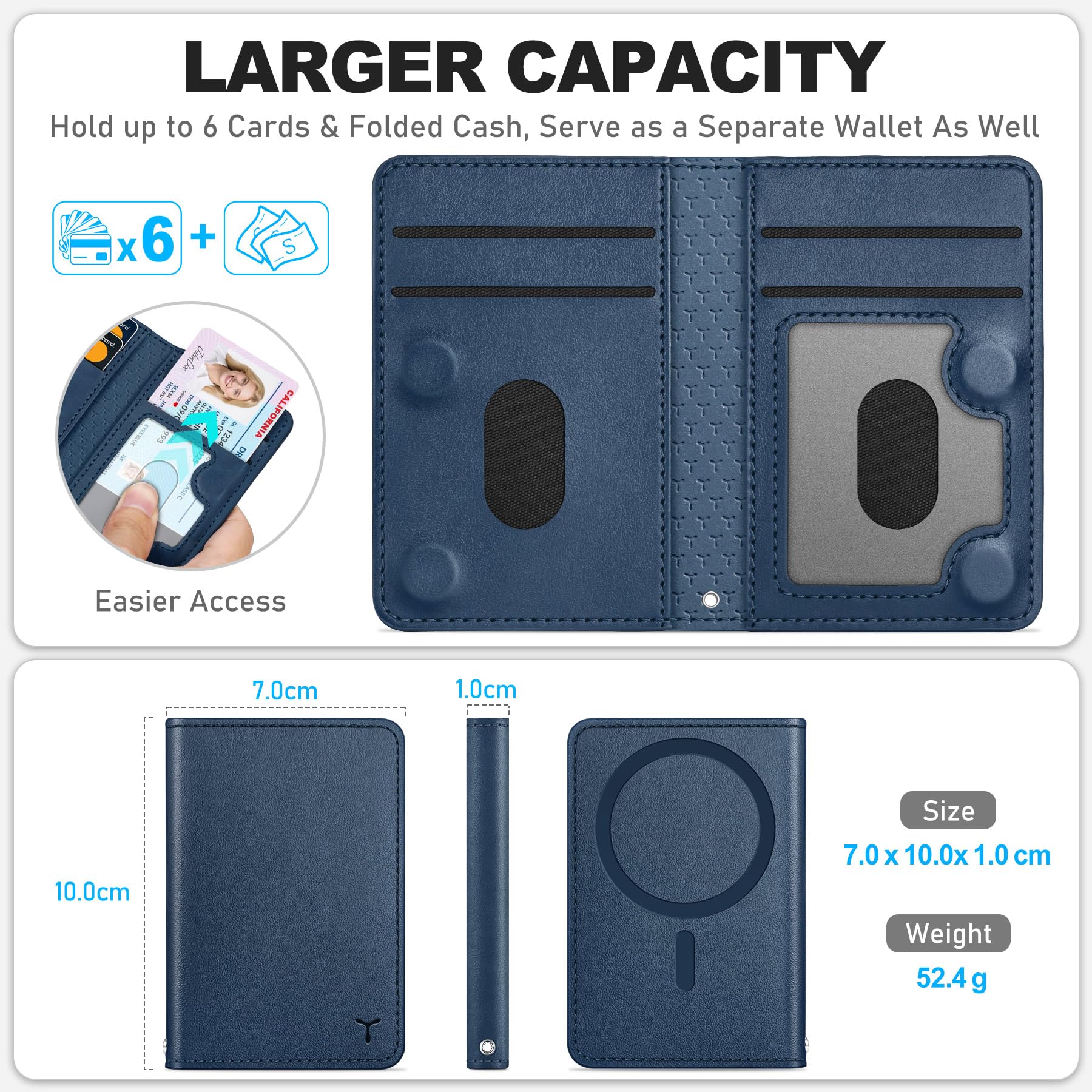 TUCCH Porta Carte Magnetico con Finestra ID Trasparente, 6 Carte Portafoglio Anti-RFID per Uomo e Donna, in Pelle PU per Serie iPhone 17/16/15/14/13/12/Plus/Pro/Pro Max, Non Compatibile con Mini, Blu
