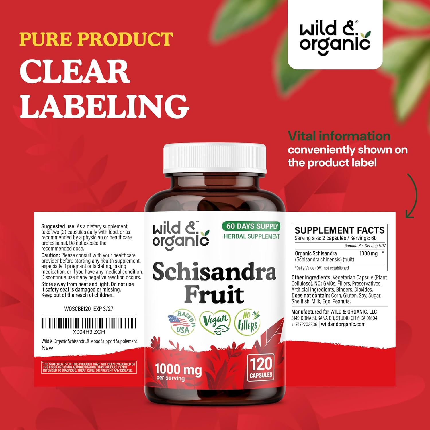 Wild & Organic Schisandra Berry Capsules 1000 mg - Mood & Relaxation Support - Schisandra Powder Extract Supplement - Vegan, No Fillers, Non-GMO - 120 Count - Image 7