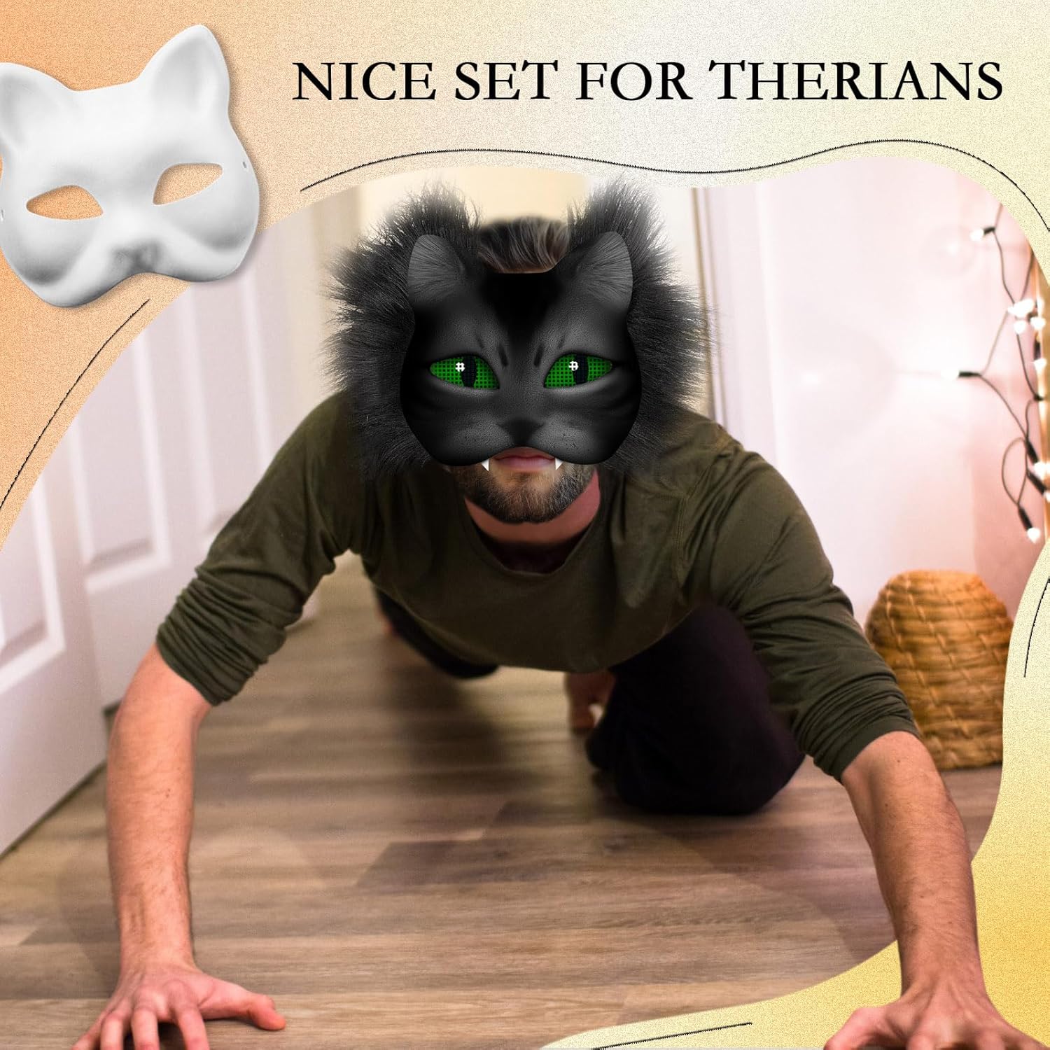 DIY Therian Mask Kit Blank Cat Mask with Felt Fabric Sheet Plush Faux Fur Eye Mesh for Therian Gear Stuff