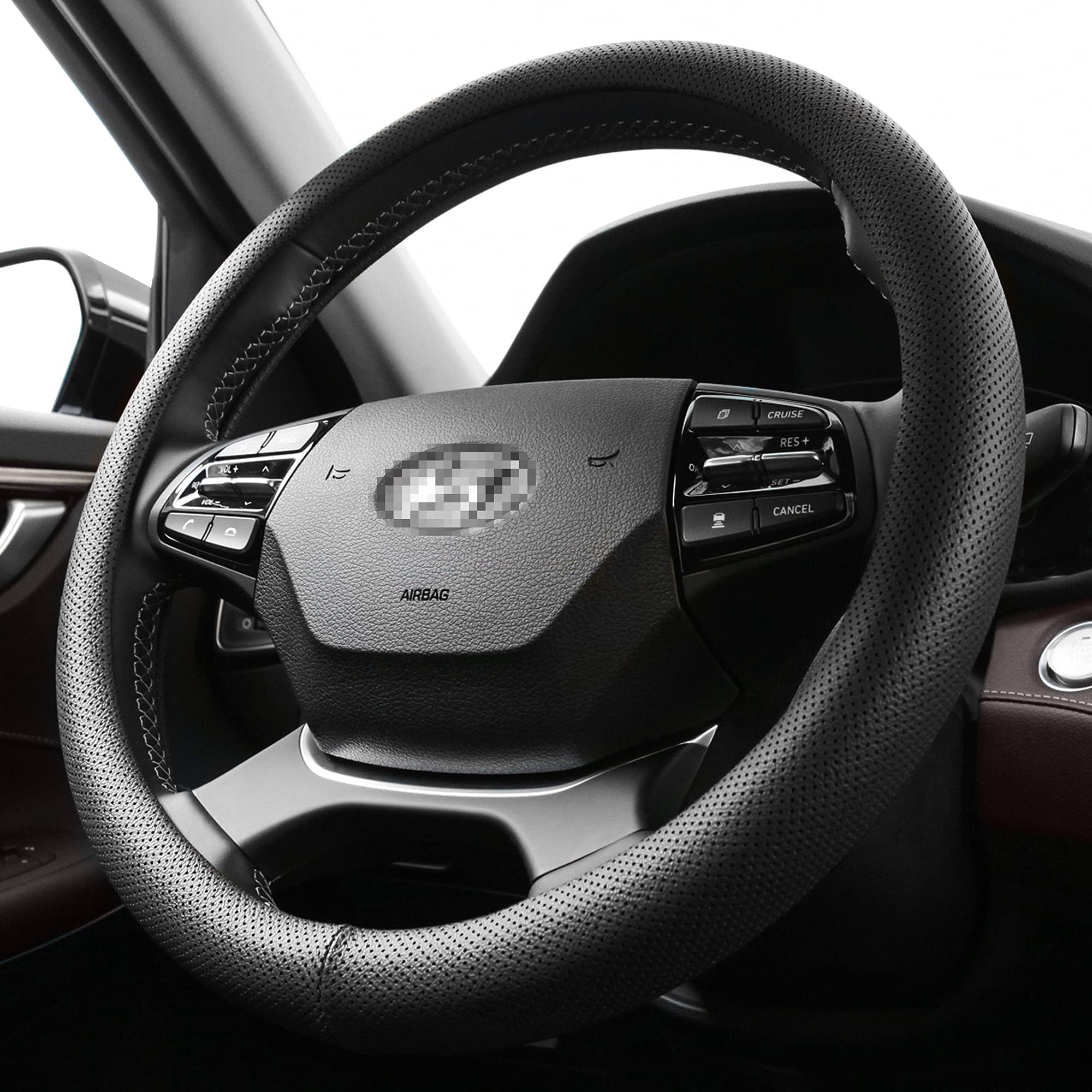 KMMOTORS Steering Wheel Cover for Hyundai* Kia* Telluride, Carnival, Sorento, Tucson, Seltos, Kona, Elantra, NIRO, Soul/ Perfect Size/ Vegan Leather/ Anti Slip/