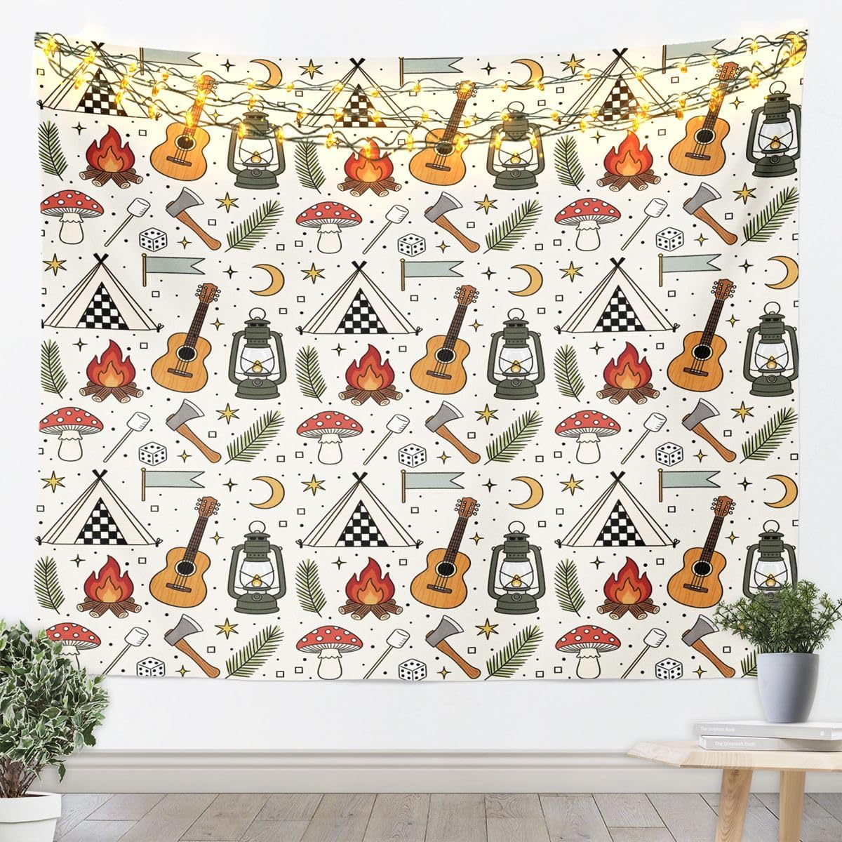 Camping RV Trailer Tapestry,Tent Bonfire Campfire Mushroom Palm Leaf Girls Boys Room Wall Decor,Star Moon Rustic Farmhouse Adventure Wall Tapestries,Colorful Home Wall Decor,Large 59.1 x 82.7 Inches
