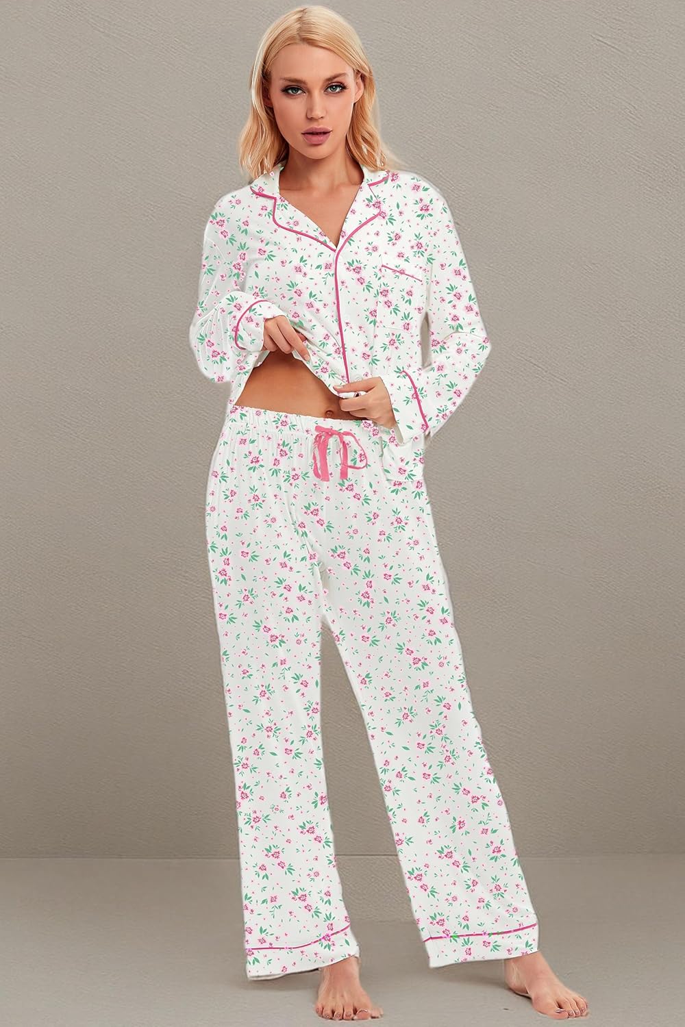 LUBOT 100% Cotton Pajamas for Women PJ Set Soft Button-Down 2 Piece Set Knitted Long Sleeve Sleepwear Loungewear XS-XXL