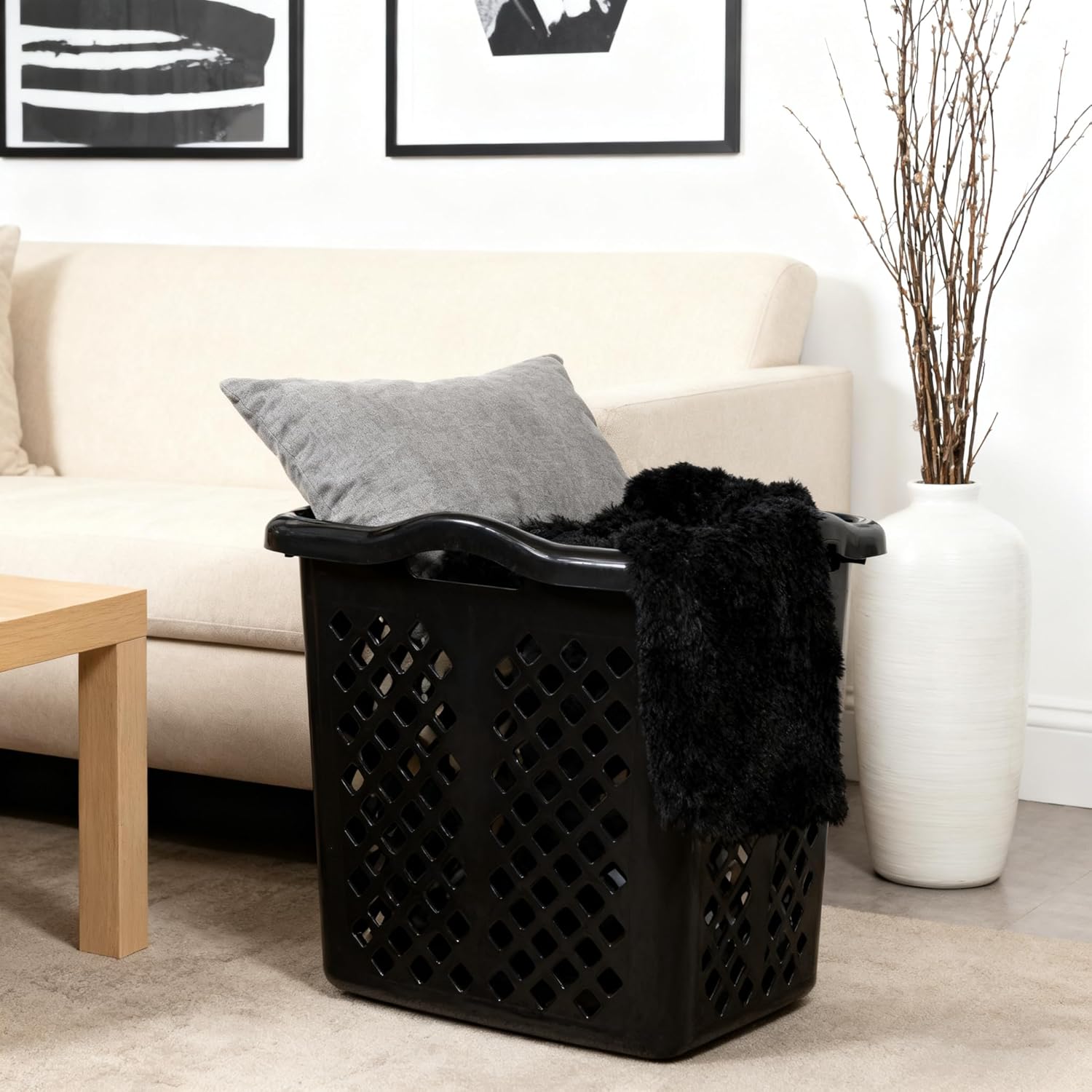 2 Bushel Plastic Laundry Basket with Handles by Lamper - Comfortable Handles for Carrying, Lightweight Yet Sturdy, Perfect for Bedroom, Bathroom & Laundry Room (Black)