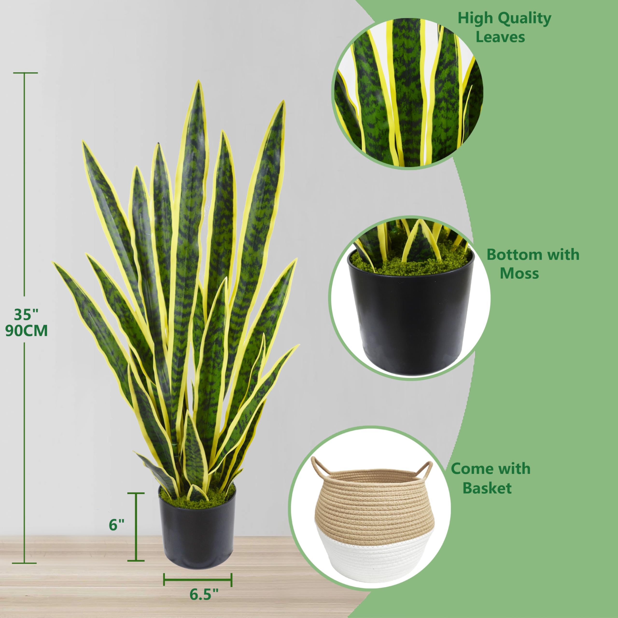 Warmplants Künstliche Schlangenpflanze, 91 cm, künstliche Sansevieria mit Korb, 88,9 cm, künstliche Schwiegermutter, perfekte künstliche Topfpflanze, Grün für Innenbereich, Zuhause, Büro, Geschäft