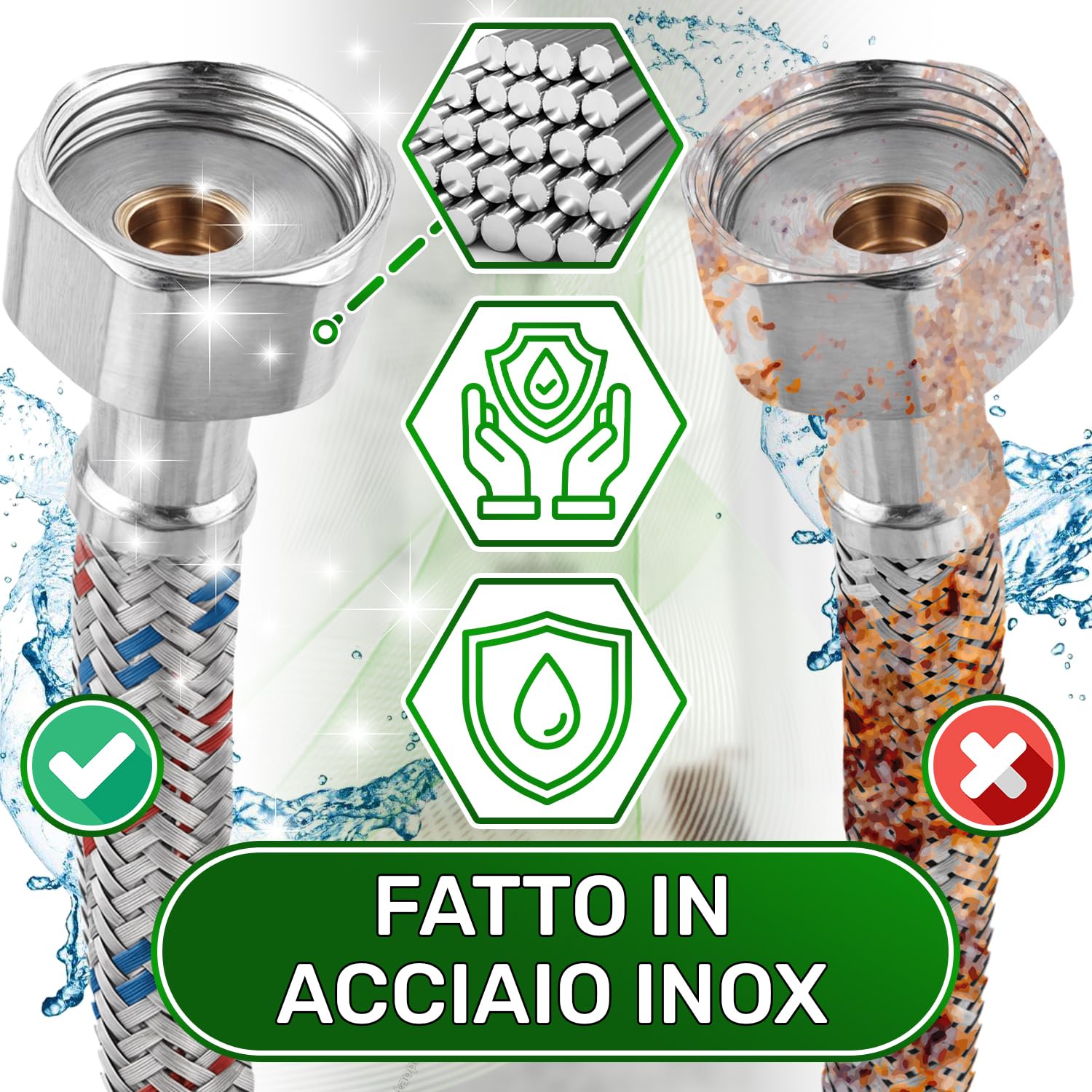Tubo Corazzato 25cm Femmina-Femmina 3/8”x3/8” DN8 DE13 Temperatura max 70°C | Tubo Flessibile Realizzato in Acciaio Inox Pressione di Esercizio 10 bar - Garanzia di 5 Anni - ONIX TECH