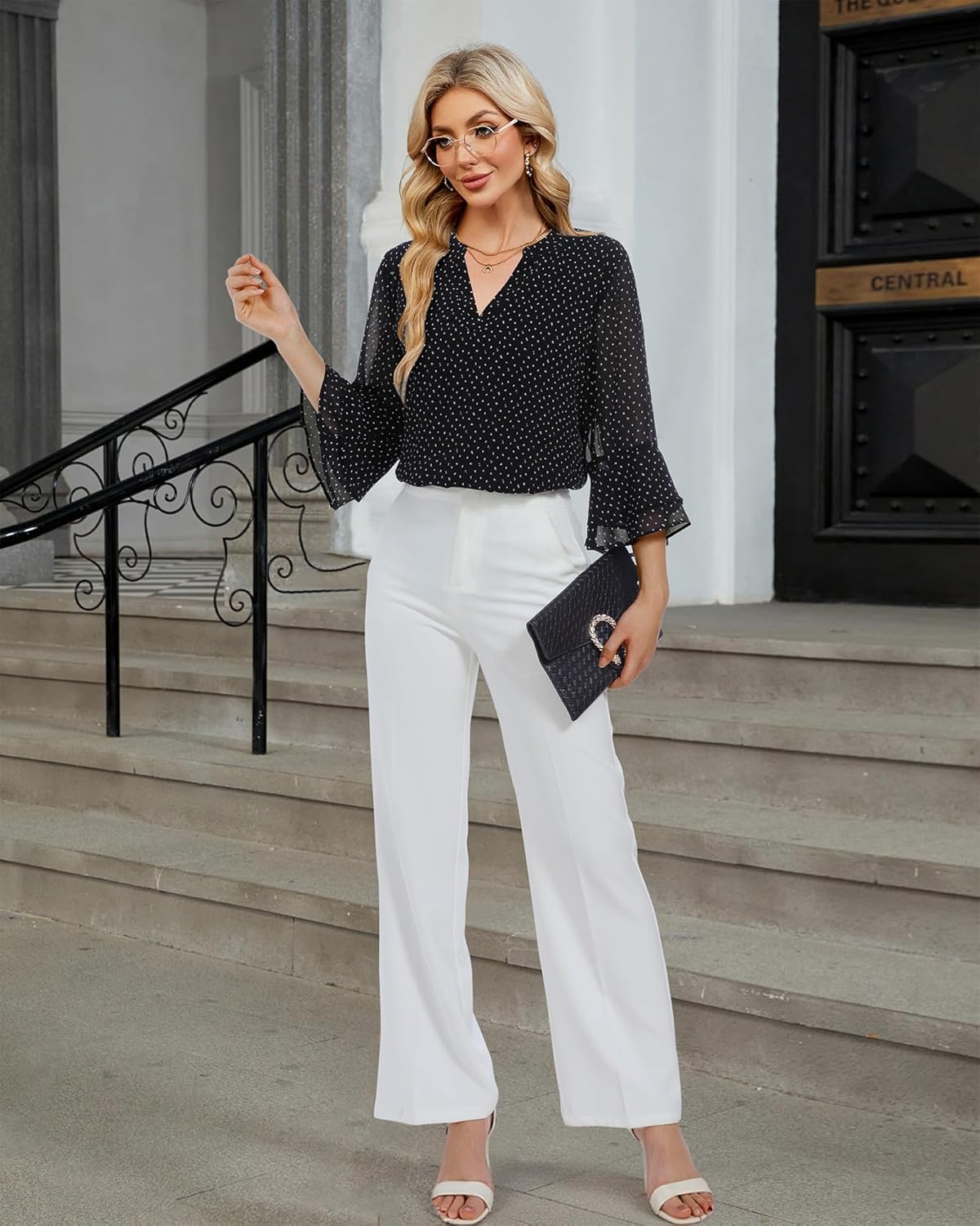 Lotusmile Womens Tops Dressy Casual 3/4 Tiered Bell Sleeve Blouses Double Layered Chiffon Work Tunic Shirts - Image 3