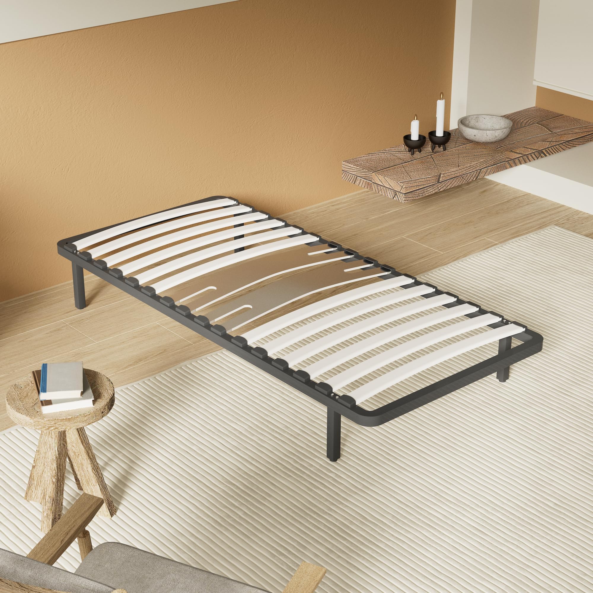 NOVEMBER Sommier à Lattes en Bois, Cadre en métal, Lattes en Bois Flexible, 2 Doubles Lattes de Renfort Lombaire, 7 Pieds, lit très Stable, Solide et Durable, Style Industriel (90 x 200 cm)
