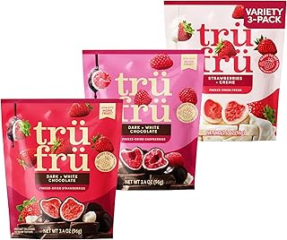 Tru Fru Freeze Dried Fruit Variety Pack, Strawberries & Crème, Raspberries & Strawberries in Dark & White Chocolate, Real Fruit, Chocolate Covered Snacks, Gluten Free Candy, 3 Pack (3.4oz)