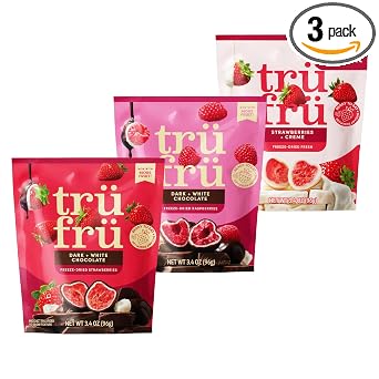 Tru Fru Freeze Dried Fruit Variety Pack, Strawberries & Creme, Raspberries & Strawberries in Dark & White Chocolate, Real Fruit, Chocolate Covered Snacks, Gluten Free Candy, 3 Pack 3.4oz