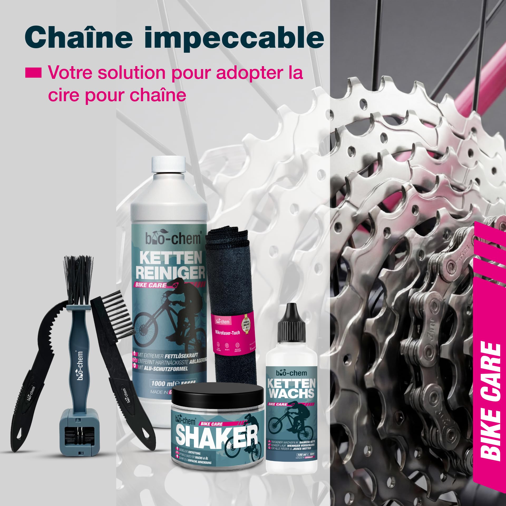 bio-chem Système de cire pour chaînes 7 produits pour vélos | Dégraissant vtt 1L - Cire pour chaine de vélo 100ml - Shaker + chiffon microfibres + set 3 brosses de nettoyage