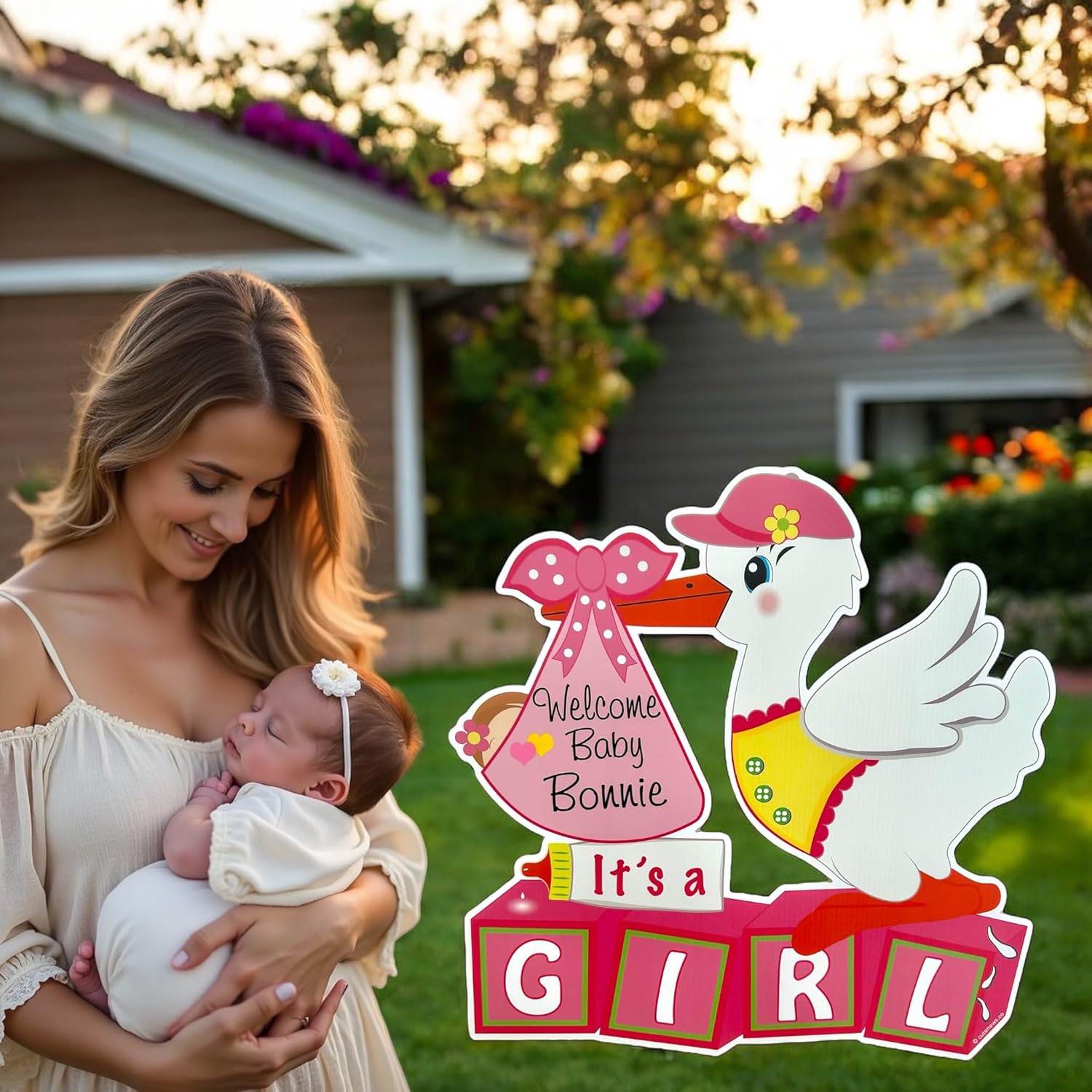 Its a Girl Stork Yard Sign, Welcome Home Baby Lawn Announcement, Custom Newborn Decoration, Outdoor Birth Arrival Card, Shower Party Banner, Gift, Building Blocks, Pink