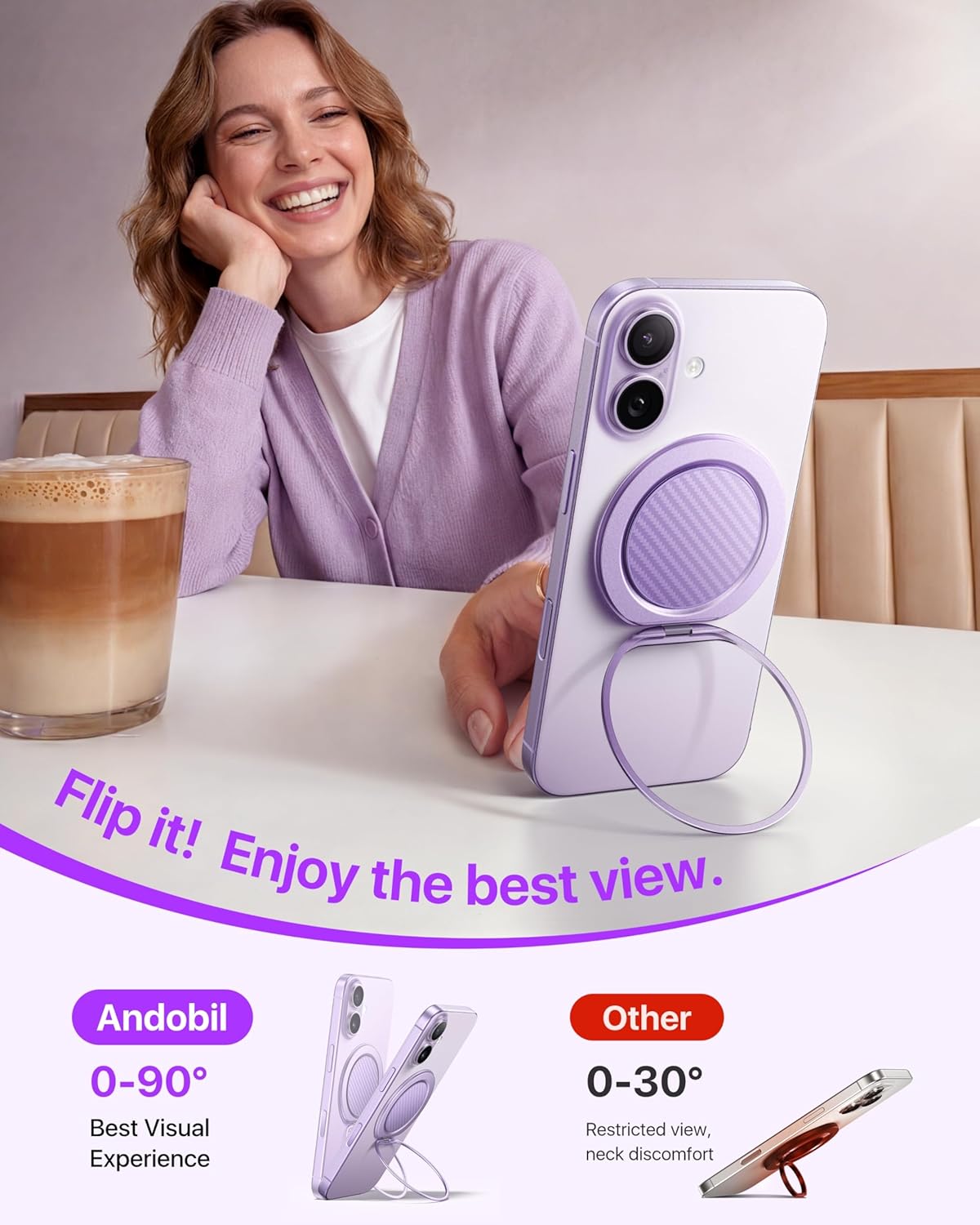 andobil [2026 Ultra-Thin] Magnetic Phone Grip for MagSafe [360° Rotate] Magnetic Cell Phone Ring Holder & Kickstand for MagSafe Accessories & iPhone 17 Air 16 Pro Max Plus 15 14 13 12, Purple