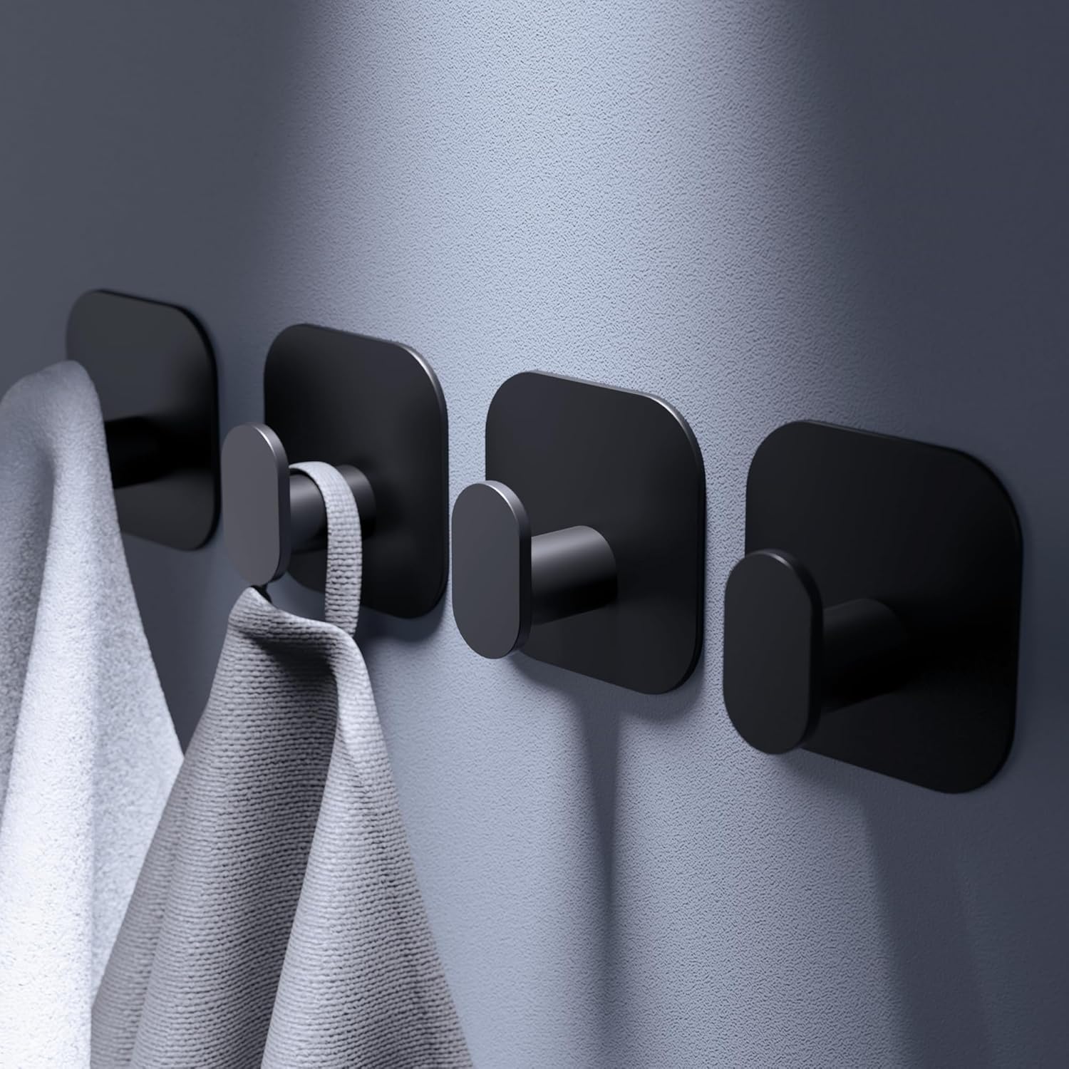 Aikzik Self Adhesive Hooks - 4 Pack Heavy Duty Wall Hooks no Damage, Sticky Hook for Hanging Coat/Robe/Towel, Stick on Kitchen/Bathroom/Shower (Matte Black, Stainless Steel)