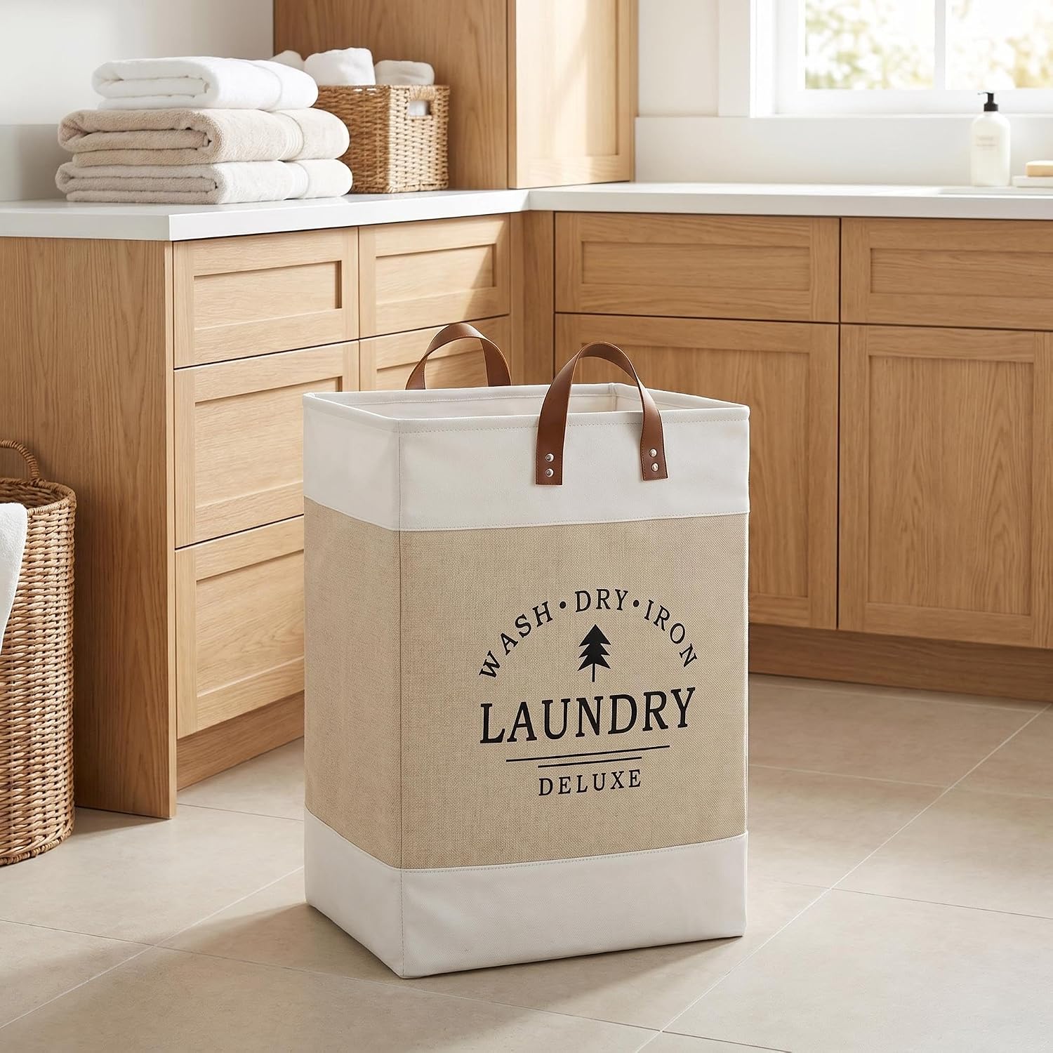 Collapsible Laundry Hamper with Handles, Foldable Fabric Clothes Hamper, Square Laundry Basket for Bedroom Bathroom Laundry Room, Storage Basket for Clothes, Towels, Toys (beige)