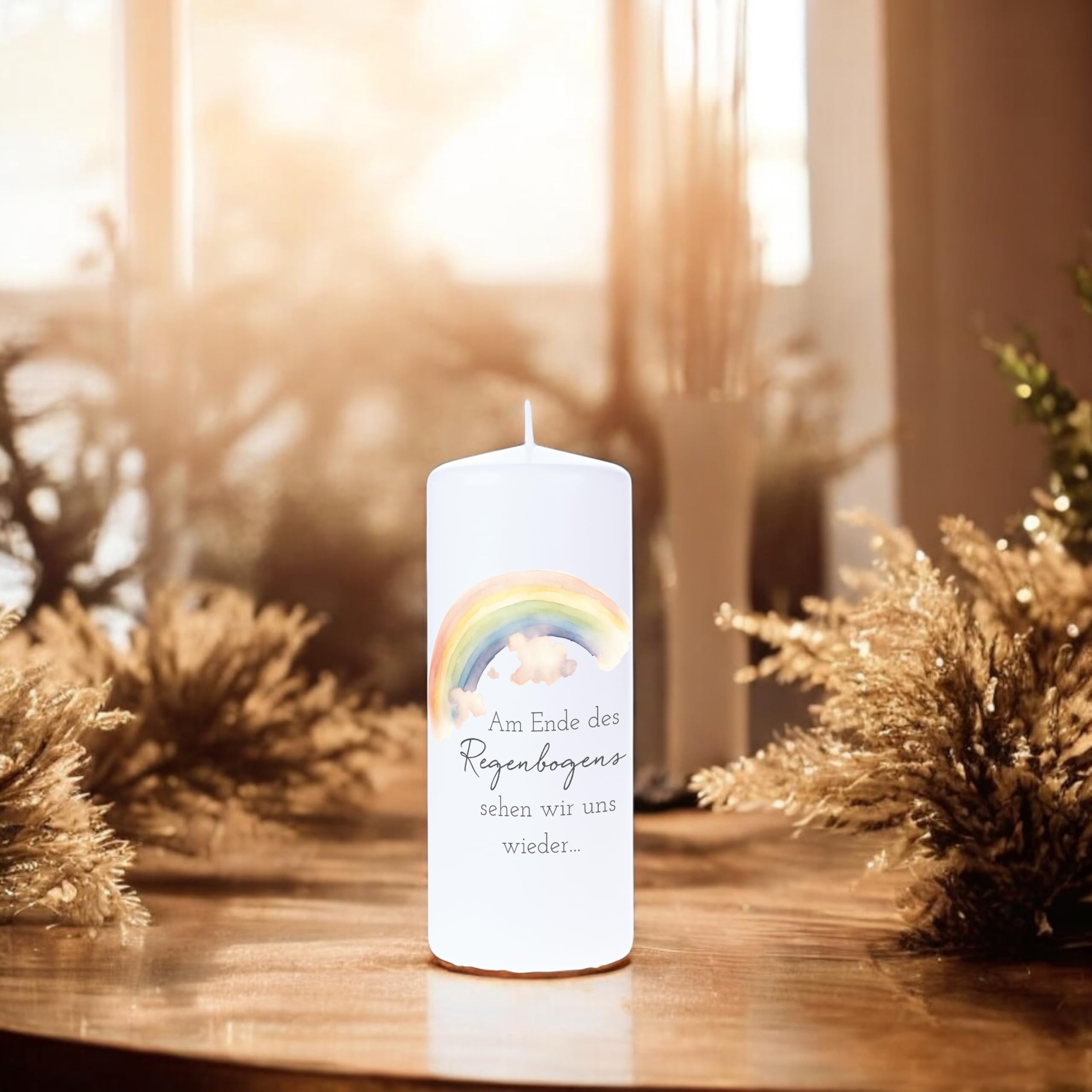 Trauerkerze 20cm mit Spruch "Am Ende des Regenbogens" | Liebevolles Symbol des Trostes, Made in Germany, 120 Std. Brenndauer