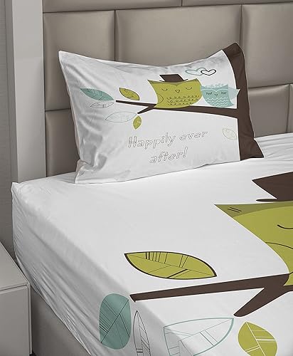 Miniatura 2 de Lunarable Owls Sheet Set, 2 Owls on Tree Branch Happily Ever After Message Romantic Art, Fitted and Flat Sheet with Pillowcase Bedding Accent 3