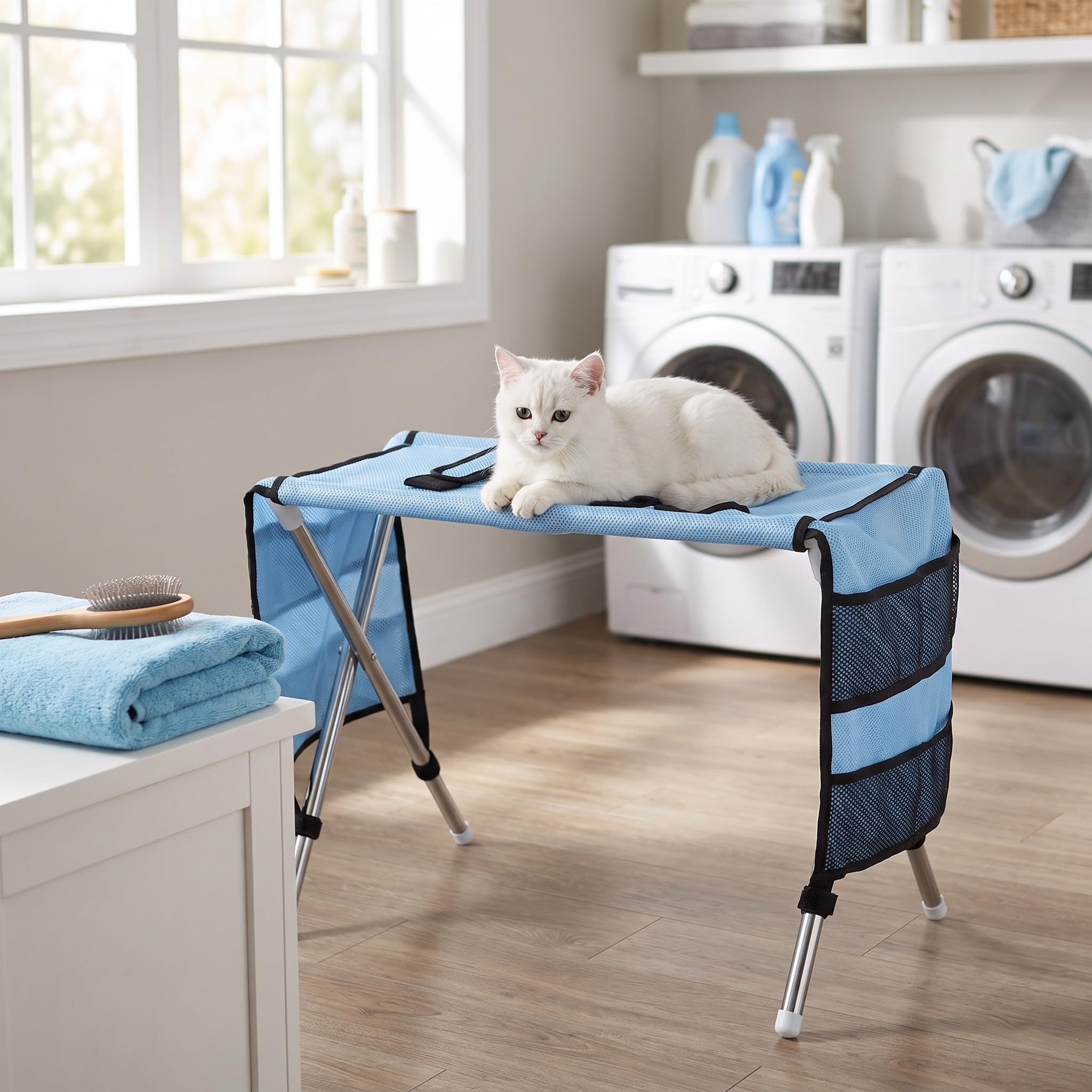 Hundepflege Hängematte mit Edelstahlgestell, faltbar, für Katzen und kleine Hunde, für Nagelschneiden, Baden und Tierarztbesuche, Stabiler Klapptisch, kompakt