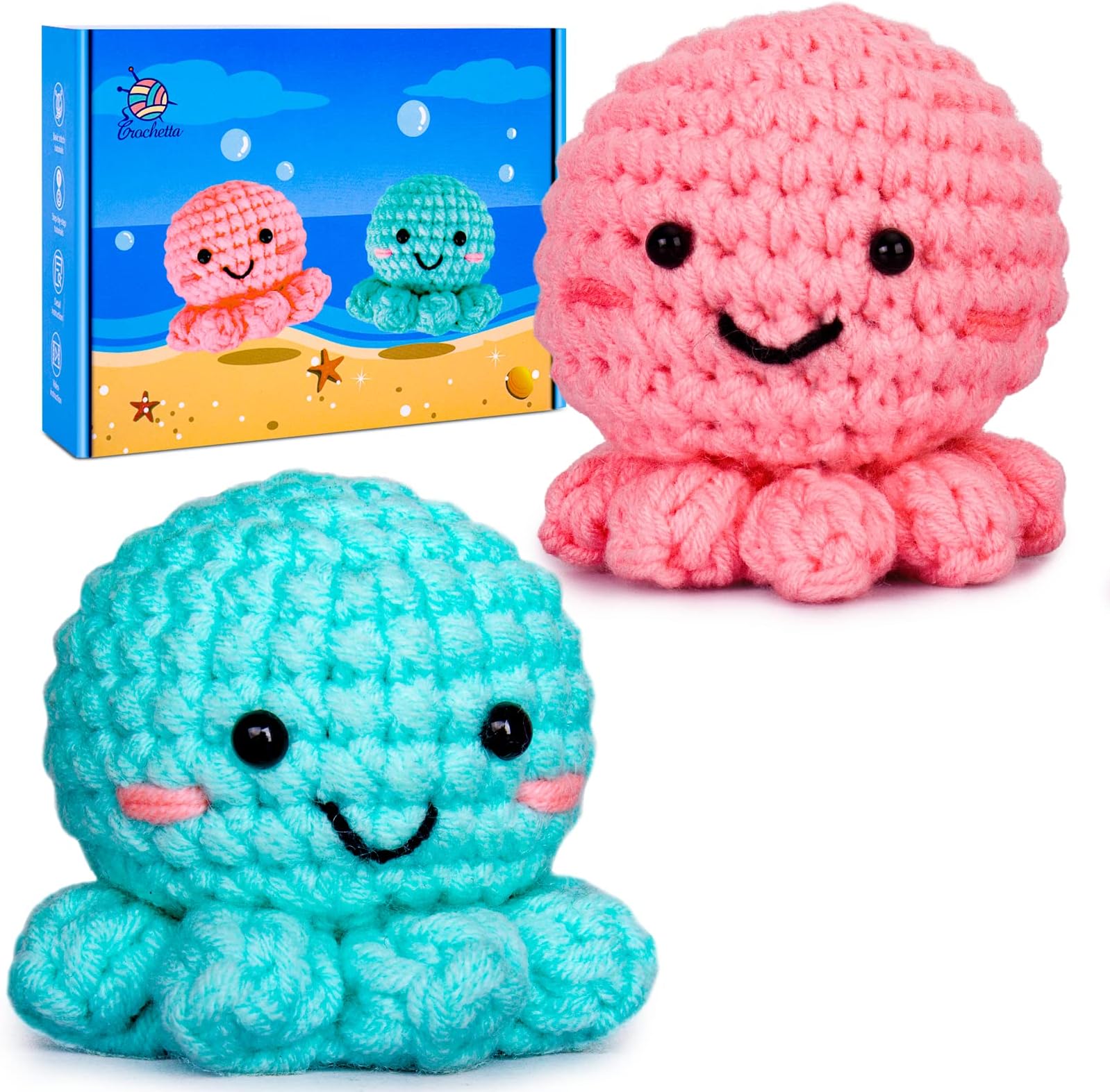 Crochetta Crochet Kit for Beginners, Amigurumi Crocheting Animals Kits w Step-by-Step Video Tutorials, Knitting Starter Pack for Adults and Kids, Jumbo 2 Octopus Familly (40%+ Yarn Content)