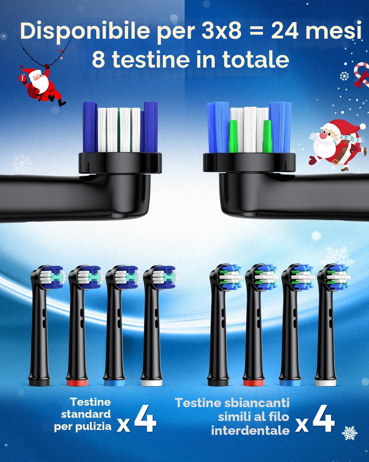 Spazzolino elettrico rotante per adulti con 8 testine (2 tipi) di potenza ricaricabile e 2 minuti di tempo intelligente, 4 modalità (A- ferroso)