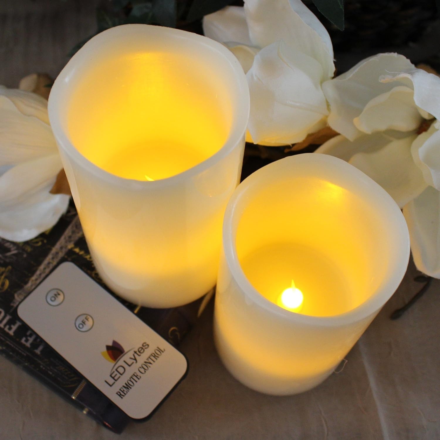 LED Lytes Remote Control Candles Set, 2 Candles, 3"X 5", Real Wax and Amber Yellow Flame, Mother's Day Candles Flickering with Remote, Wax Candles, Large Candles Pillar for Gifts for Mom