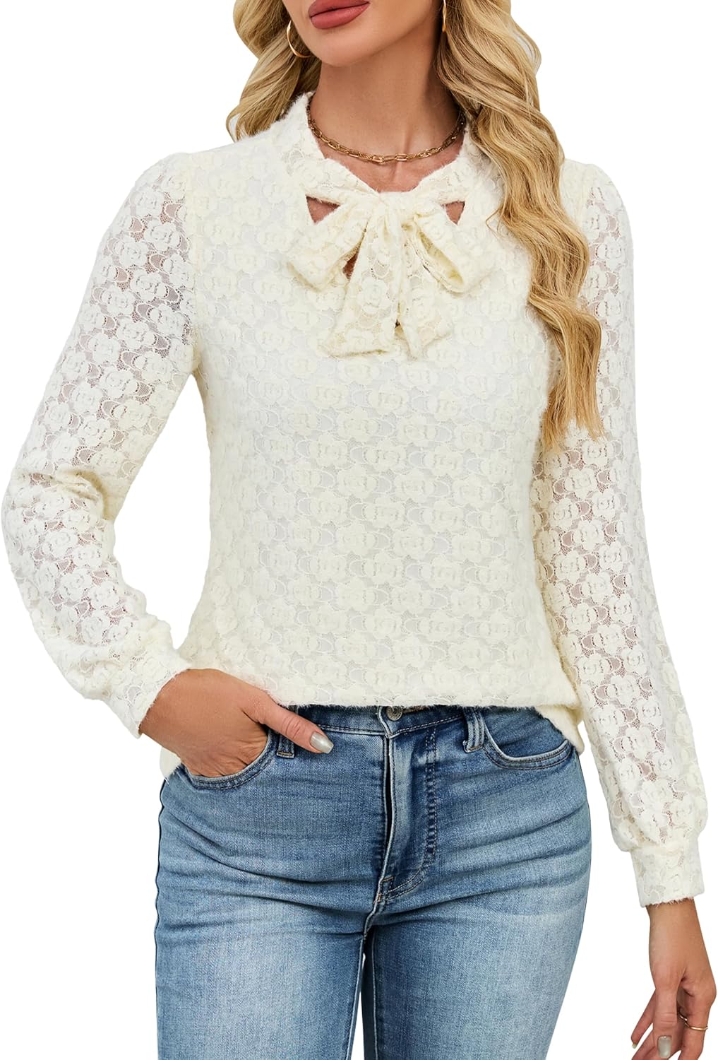 Blooming Jelly Womens Lace Long Sleeve Tops Tie Front Lined Dressy Blouse Fall Fashion Trendy Elegant Business Casual Outfit