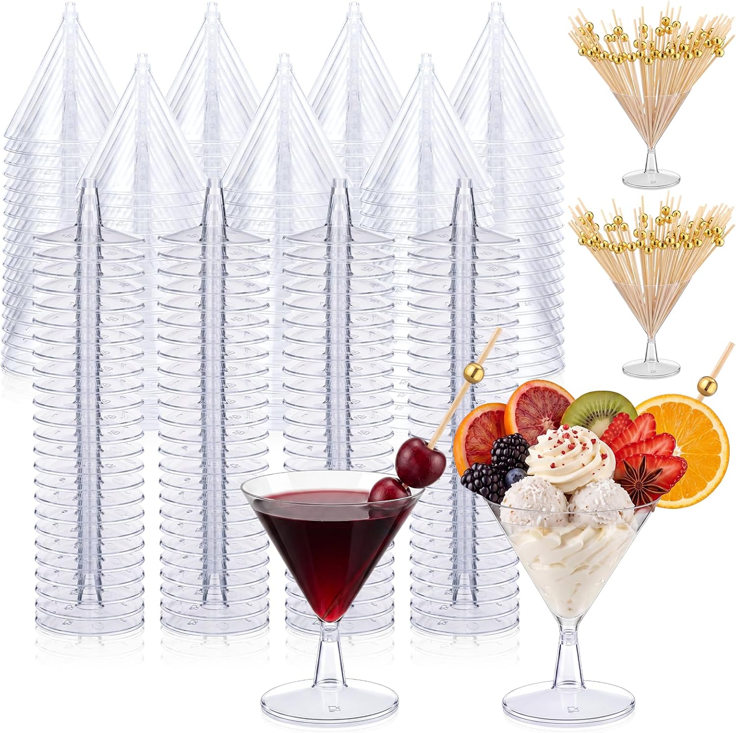 Boao 100 Pcs Mini Plastic Martini Glasses 2 oz with Cocktail Picks Set