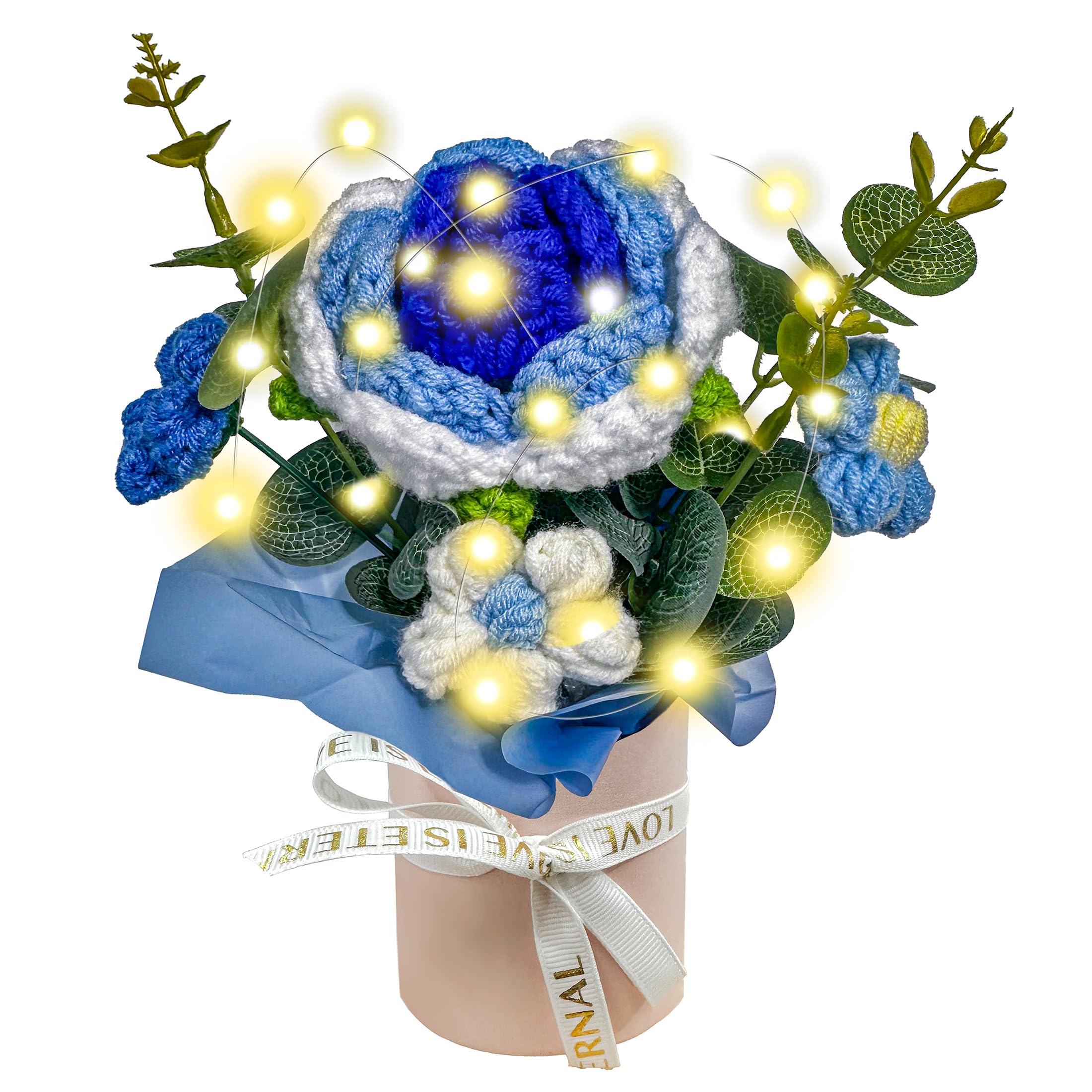 Pelizen Crochet Flower Bouquet, Crochet Bouquet of Flowers, Handmade Knitted Flowers with Card for Anniversary, Birthday, Wedding, Gift for Women (Blue)
