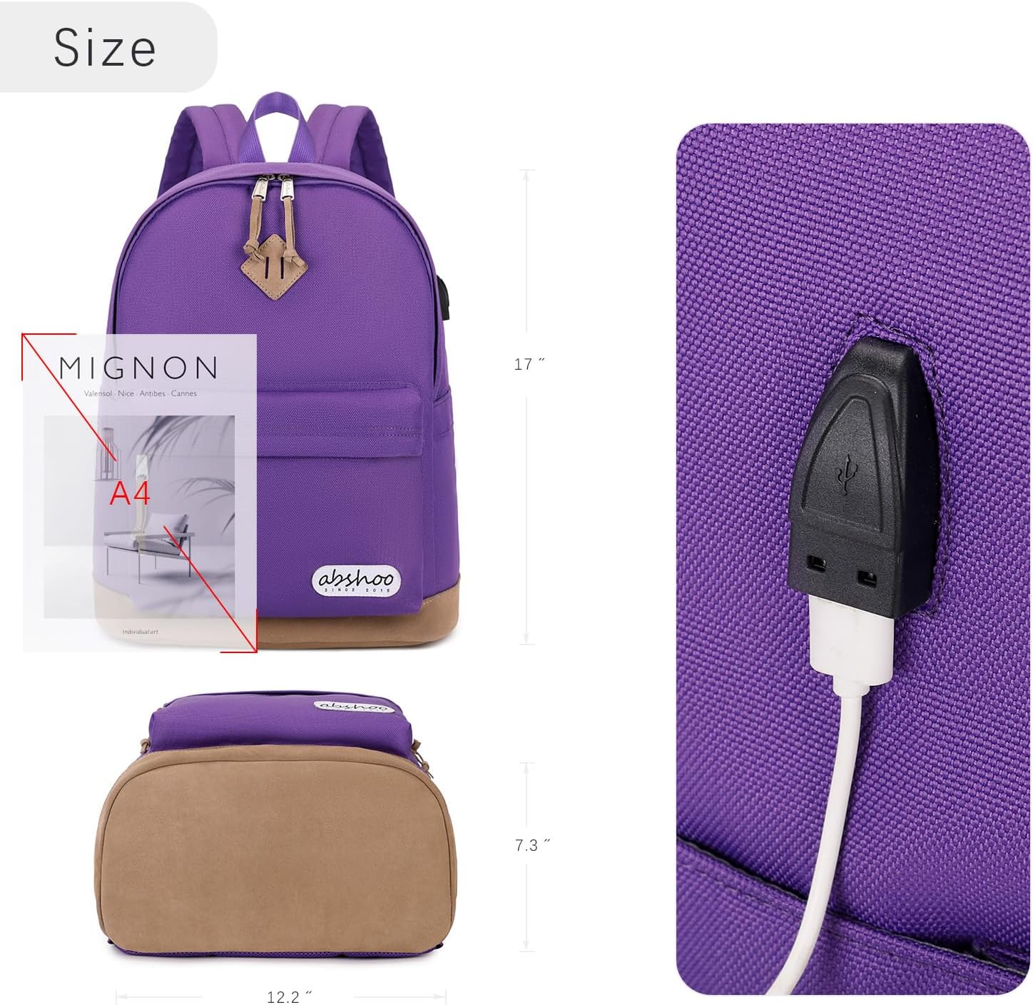 abshoo Basic School Backpack For College Middle High School Water Resistant Bookbag Travel Daypack (Purple) - Image 3
