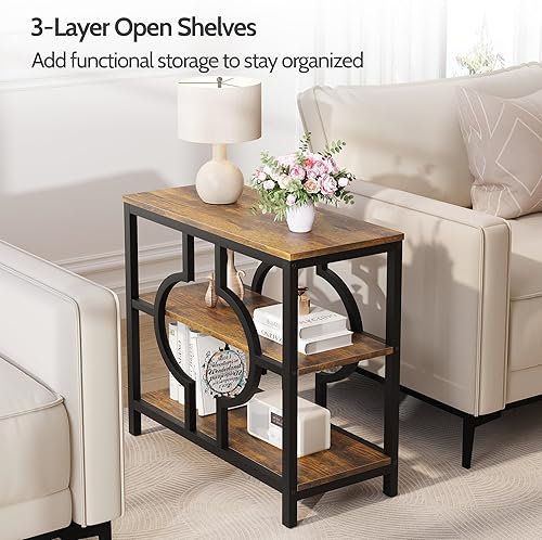 Miniatura 5 de Juego de 2 mesas auxiliares, mesa auxiliar estrecha con estantes de almacenamiento de 3 niveles, mesa auxiliar de sofá de madera con marco de metal