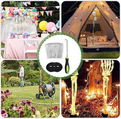 Miniatura 5 de Juego de grapas de paisaje, 50 estacas de jardín galvanizadas de calibre 11 de 6 pulgadas + 50 juntas + 1 gancho de selección, estacas de tienda de