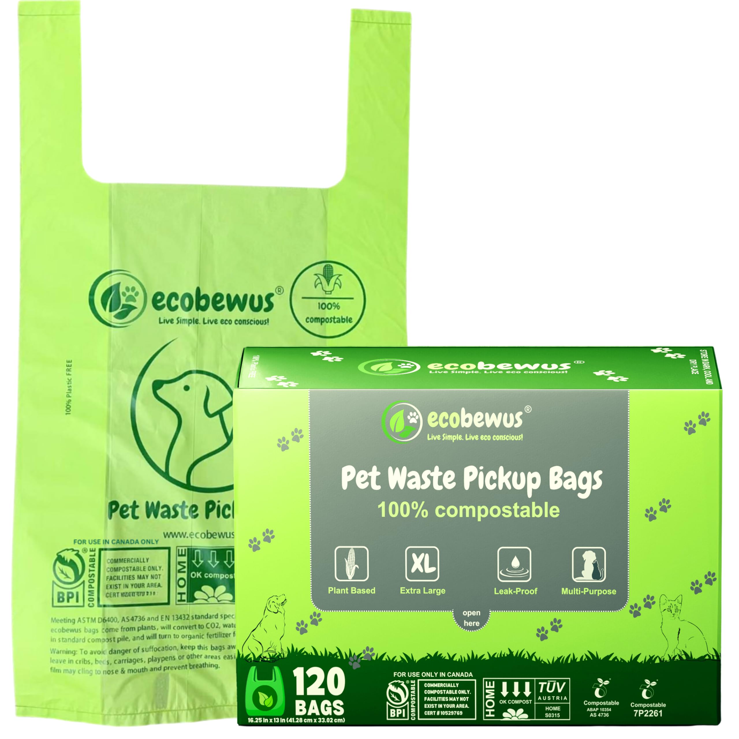 100% Compostable XL Pet Waste Bag (120 ct.) Plant-Based Biodegradable Cat Litter Poop Bags Doggy Poop Bags with Handles Compost Liners US BPI ASTM D6400 & OK Compost Home Certified (120 ct)