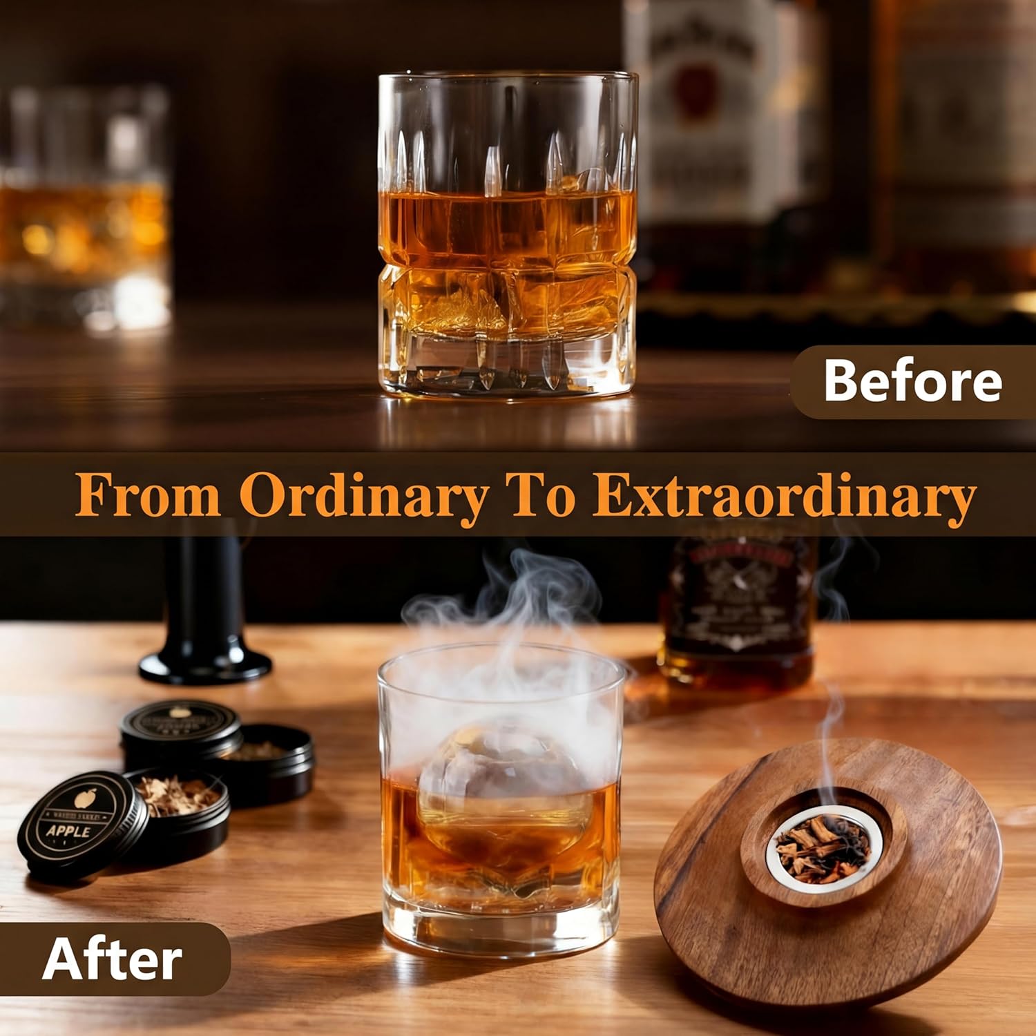 Whiskey Smoker Kit with Torch –Old Fashioned Smoker Kit for Bourbon & Whiskey – Drink Smoker Set with Wood Chips– Gift for Men, Dad, Husband/Father (1，Smoker Kit & 2 Ice Ball Molds & 2 Glasses)