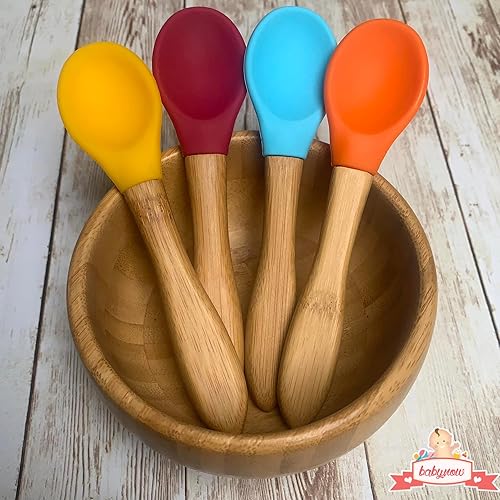 Miniatura 4 de Cucharas de bambú para bebés de 5.5 pulgadas con punta de silicona sin BPA, cucharas de comida para niños pequeños, color amarillo, paquete de 2