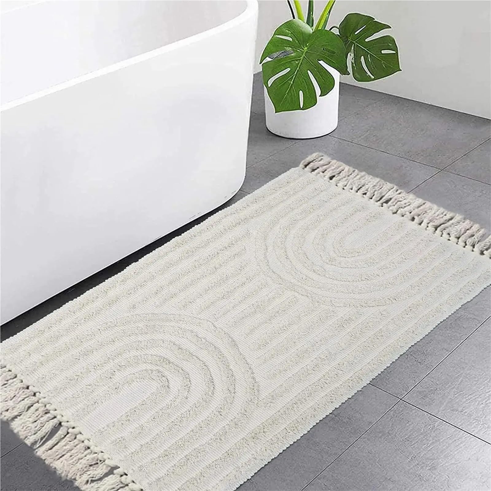 Tappeto da bagno in cotone, lavabile, con nappe, decorativo, per soggiorno, morbido, beige, per hotel e case, perfetto per terrazza e uso interno
